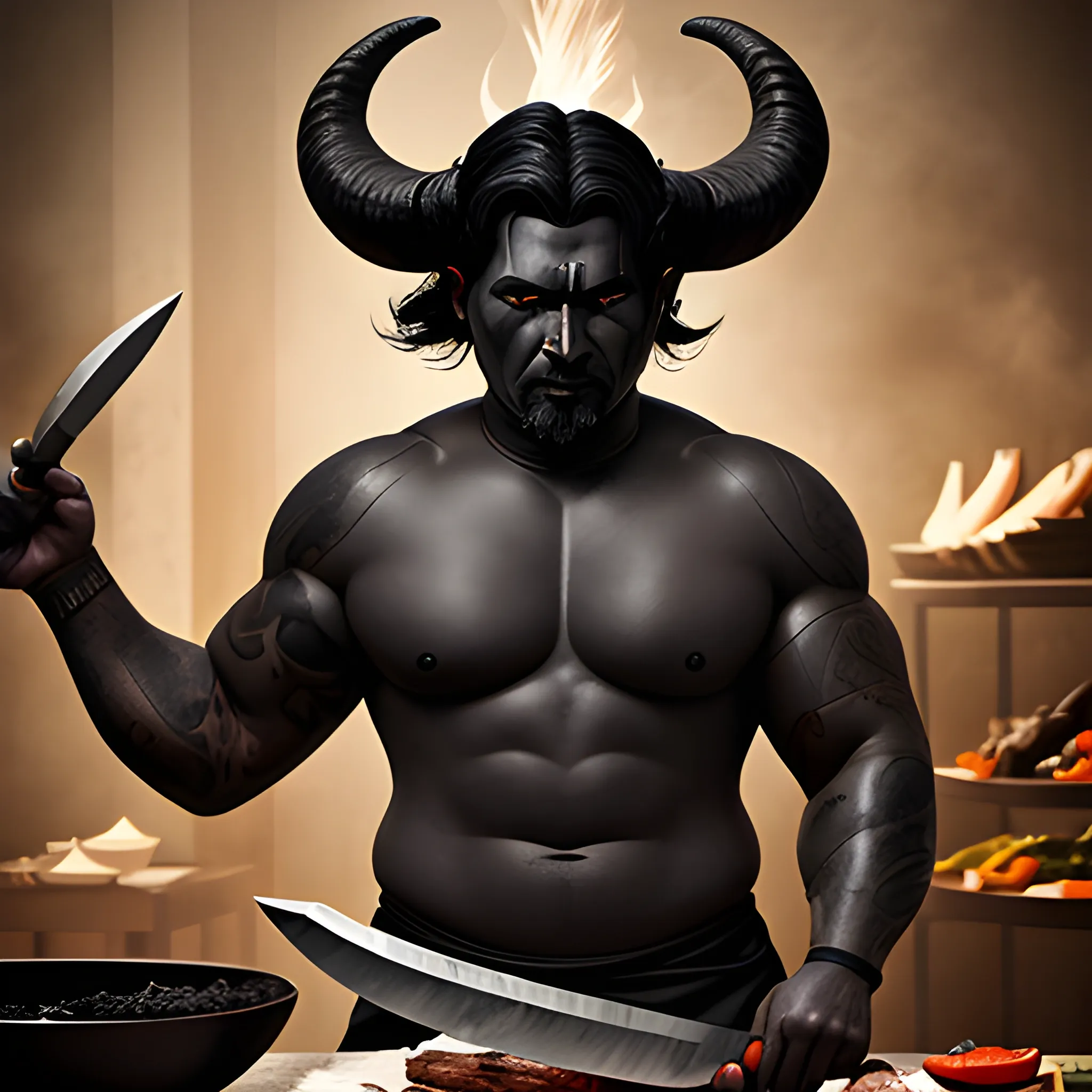 An ashen skinned demi-god with ram horns and jet black hair holding a chef knife
