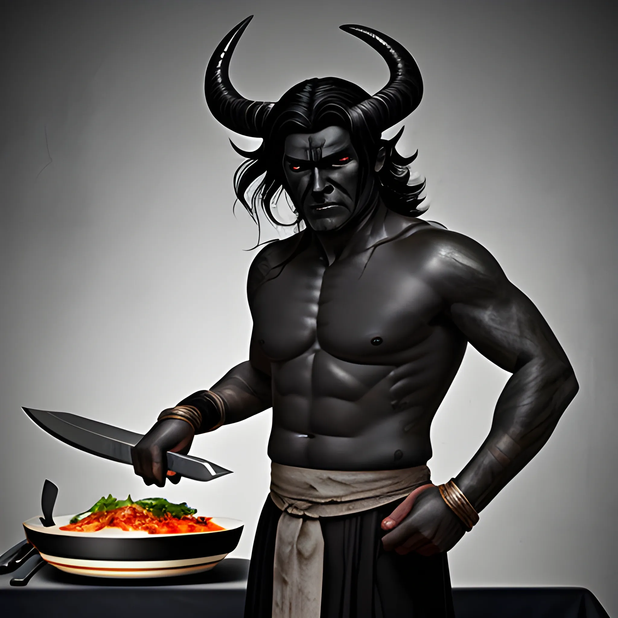 An ashen skinned demi-god with ram horns and jet black hair holding a chef knife
