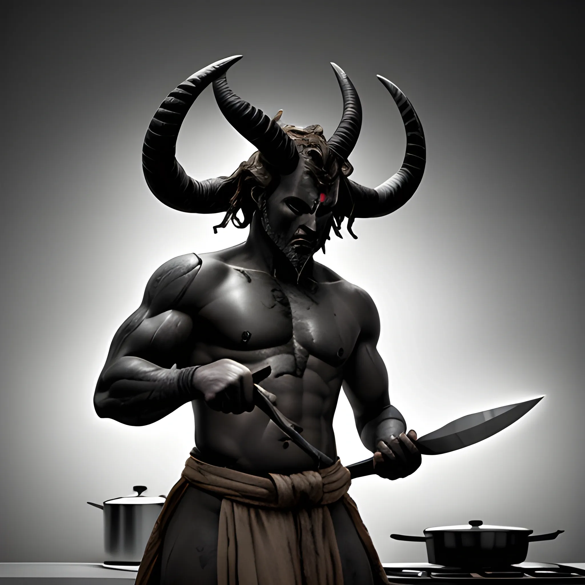 An ashen skinned demi-god with horns holding a kitchen knife
