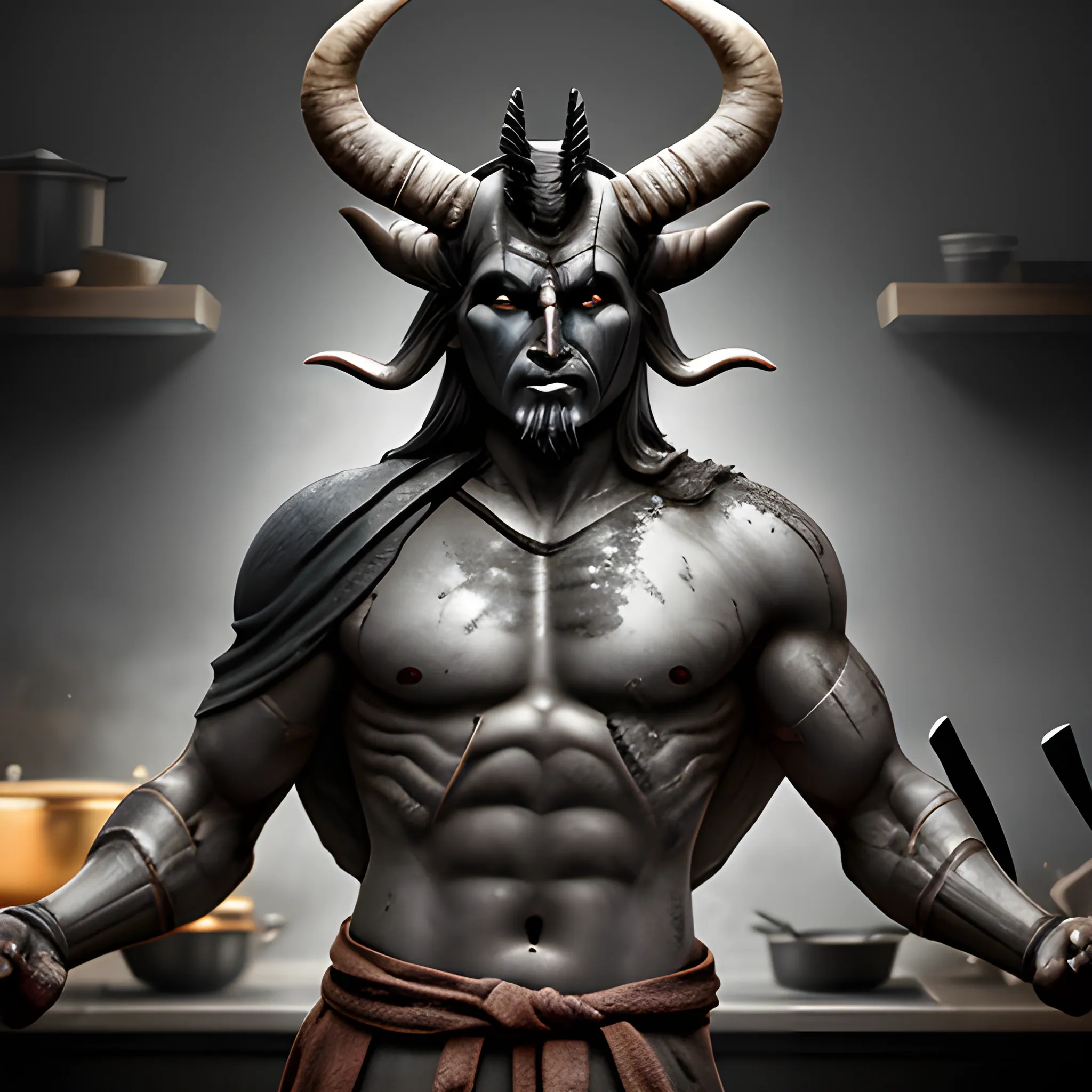 An ashen skinned demi-god with horns holding a kitchen knife
