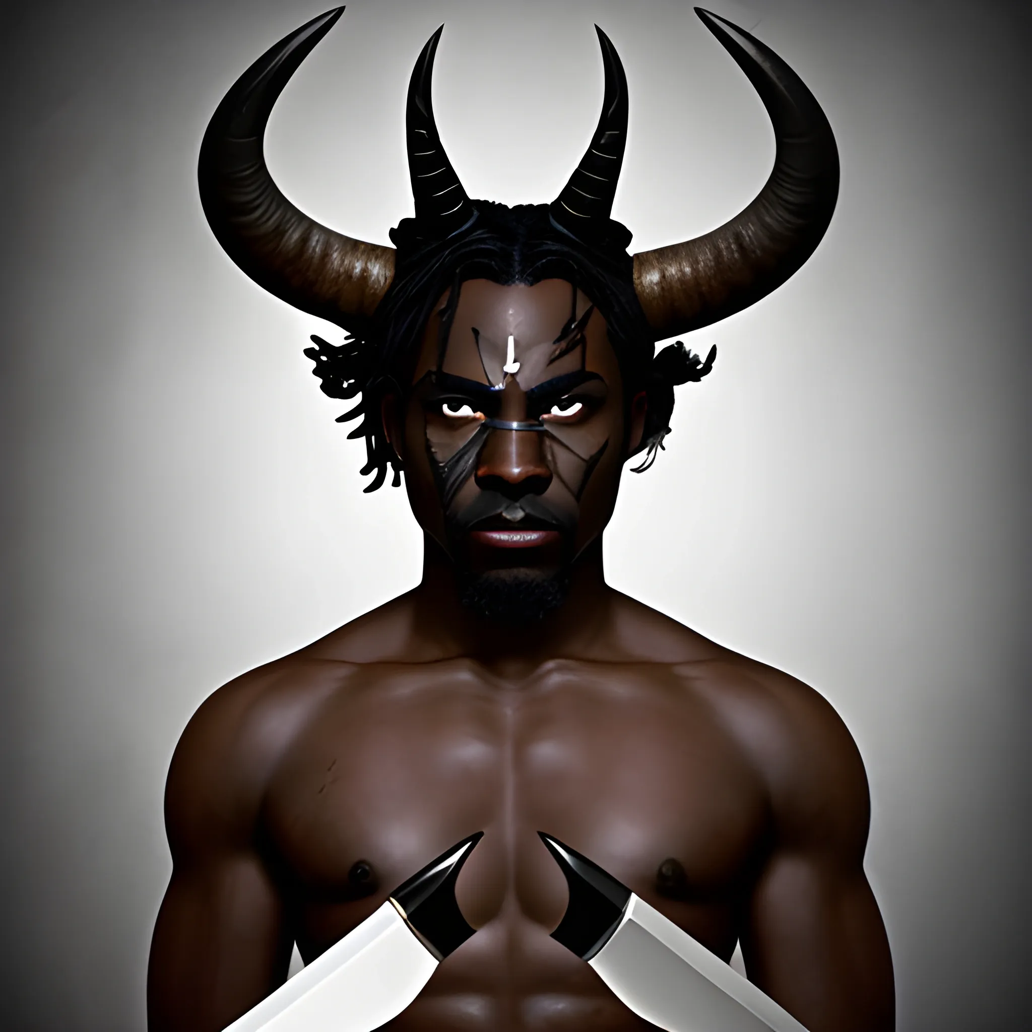 A dark skinned demi-god with horns with a kitchen knife
