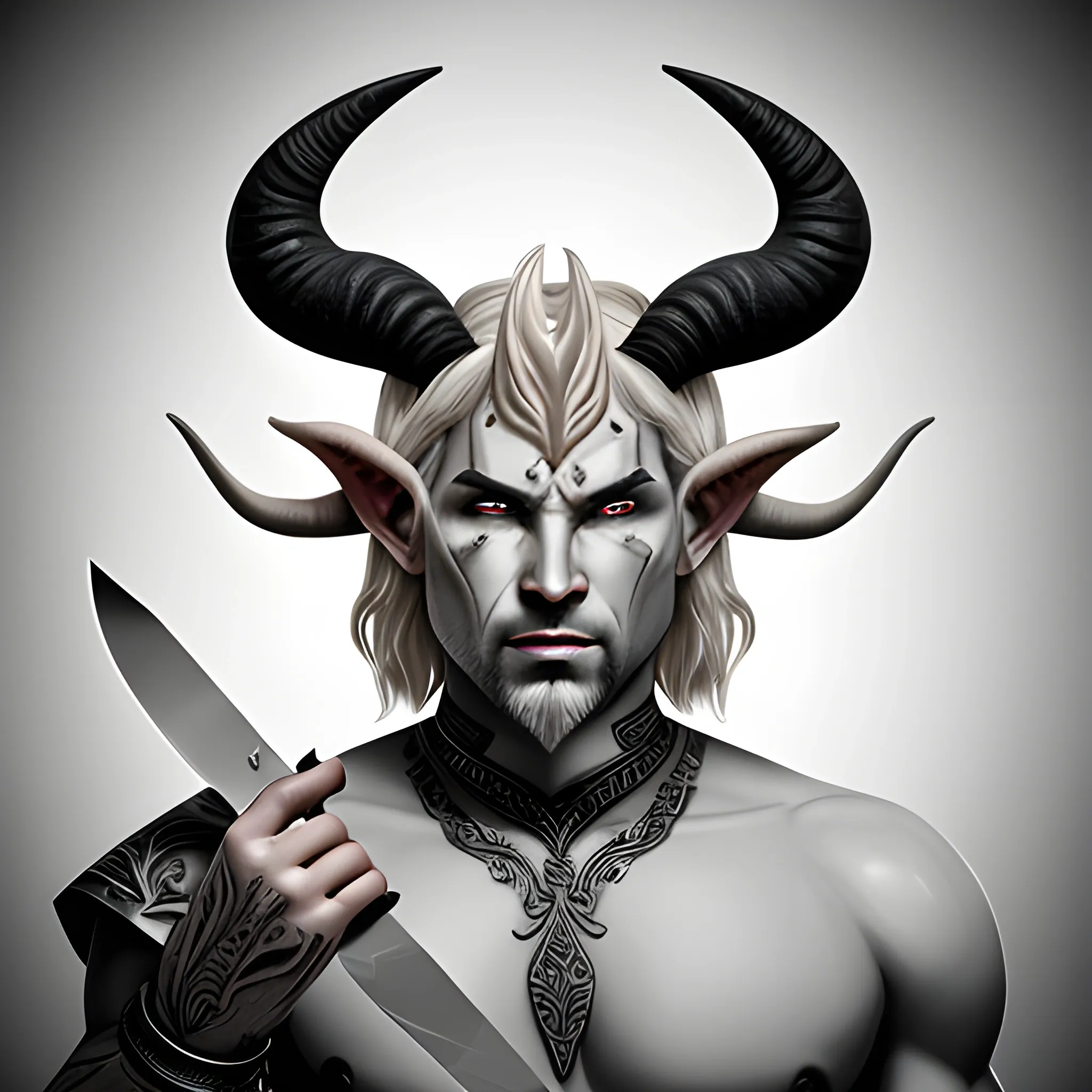 light grey skinned demi-god with horns with a kitchen knife. in a fantasy style
