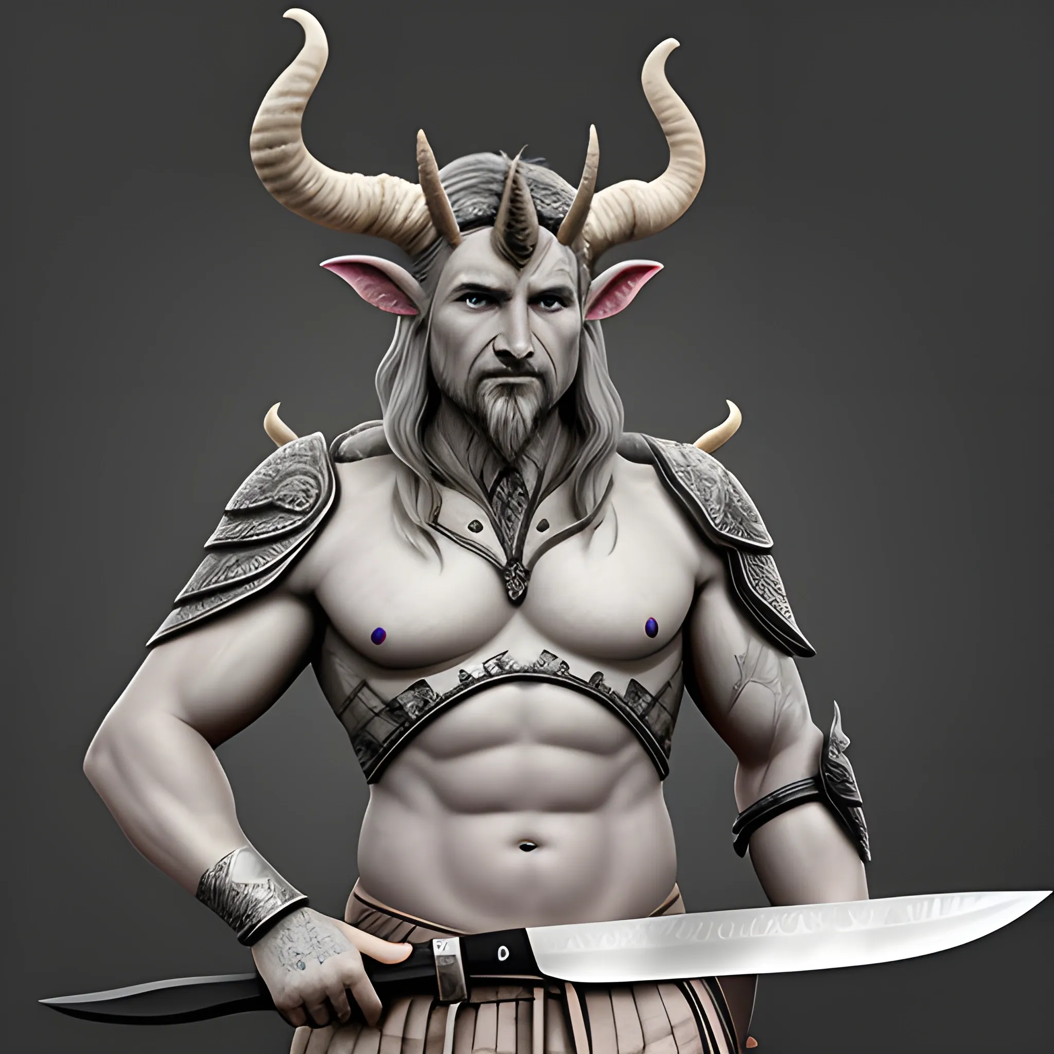 grey skinned demi-god with horns with a kitchen knife. in a fantasy style
