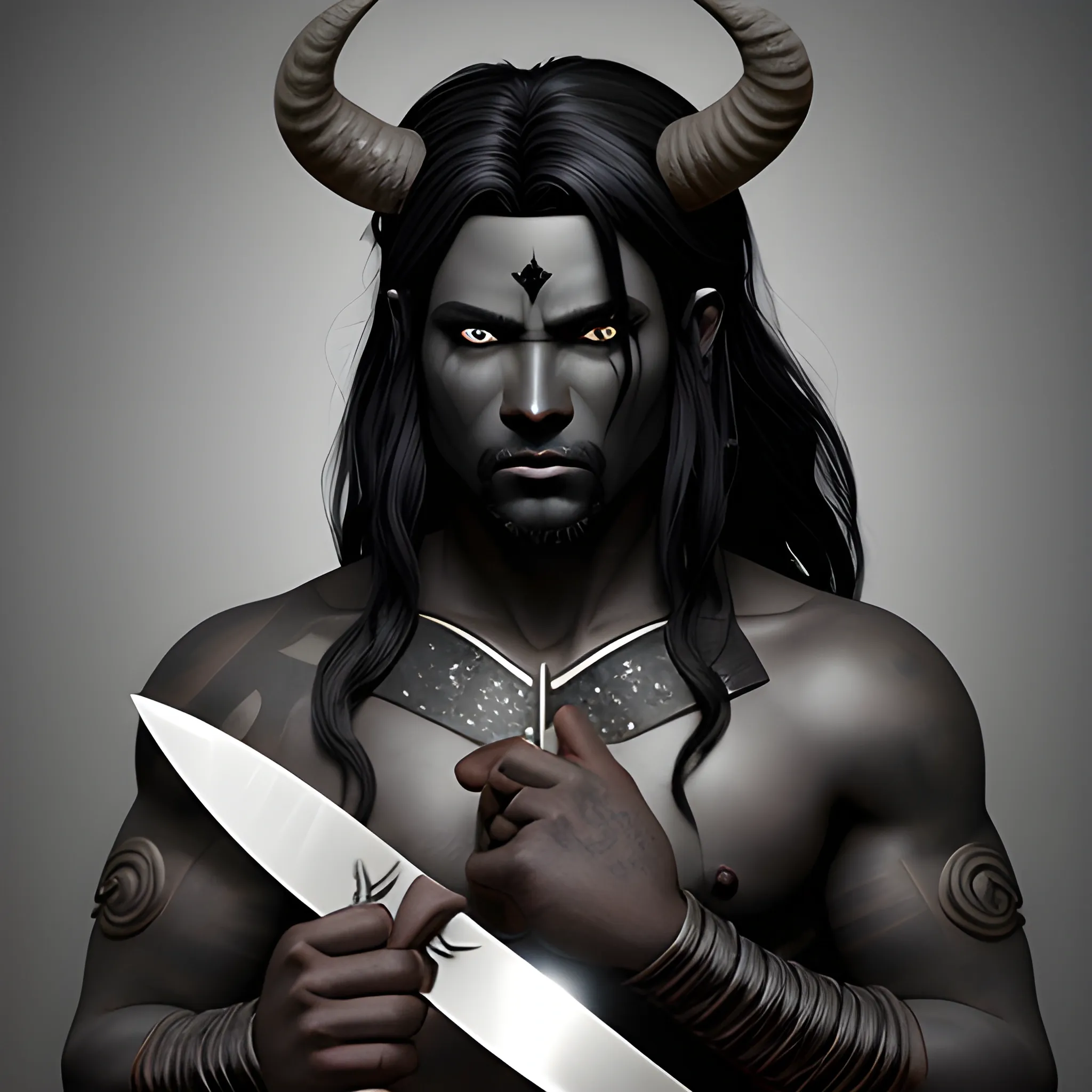 dark grey skin demi-god with horns and black hair with a kitchen knife. in a fantasy style
