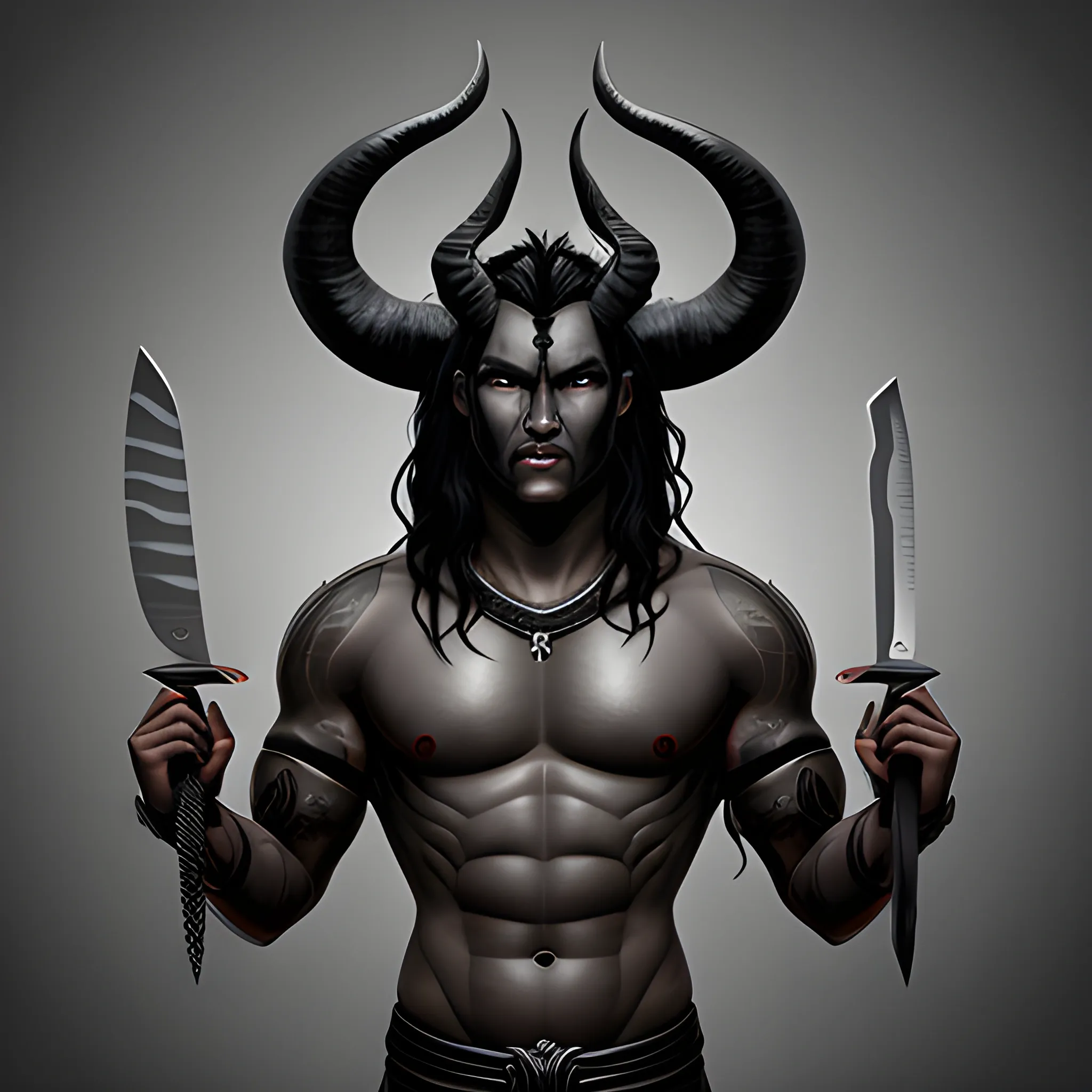 dark grey skin demi-god with horns and black hair with a kitchen knife. in a fantasy style
