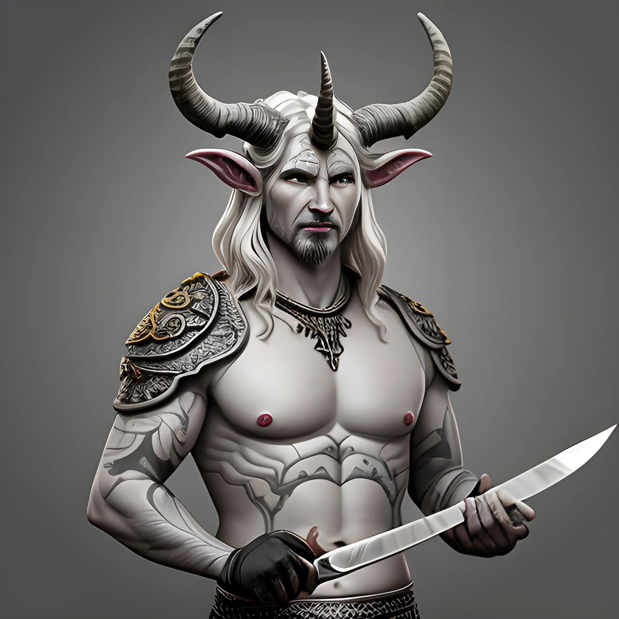 grey skinned demi-god with horns with a kitchen knife. in a fantasy style
