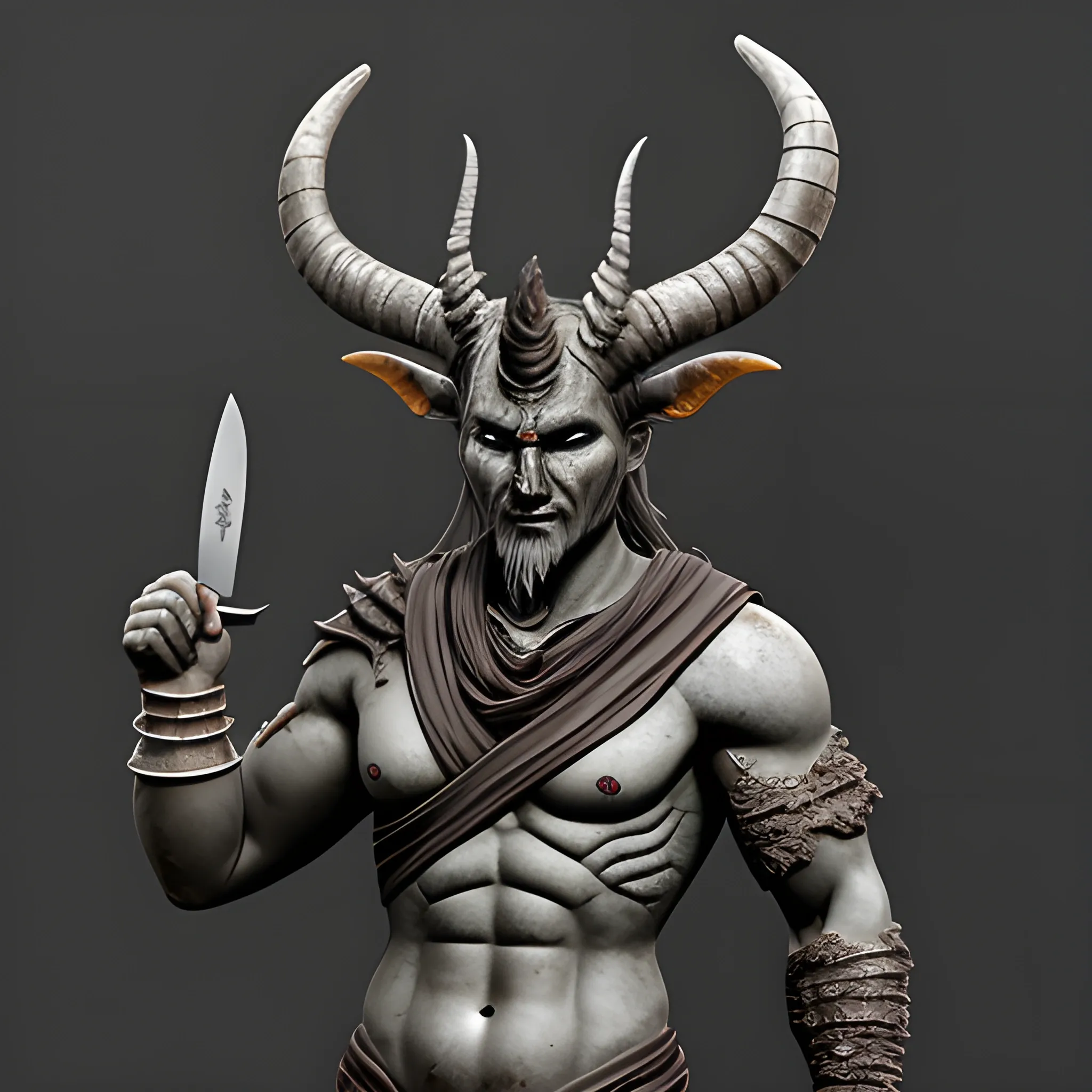 ashen skinned demi-god with horns with a kitchen knife. in a fantasy style
