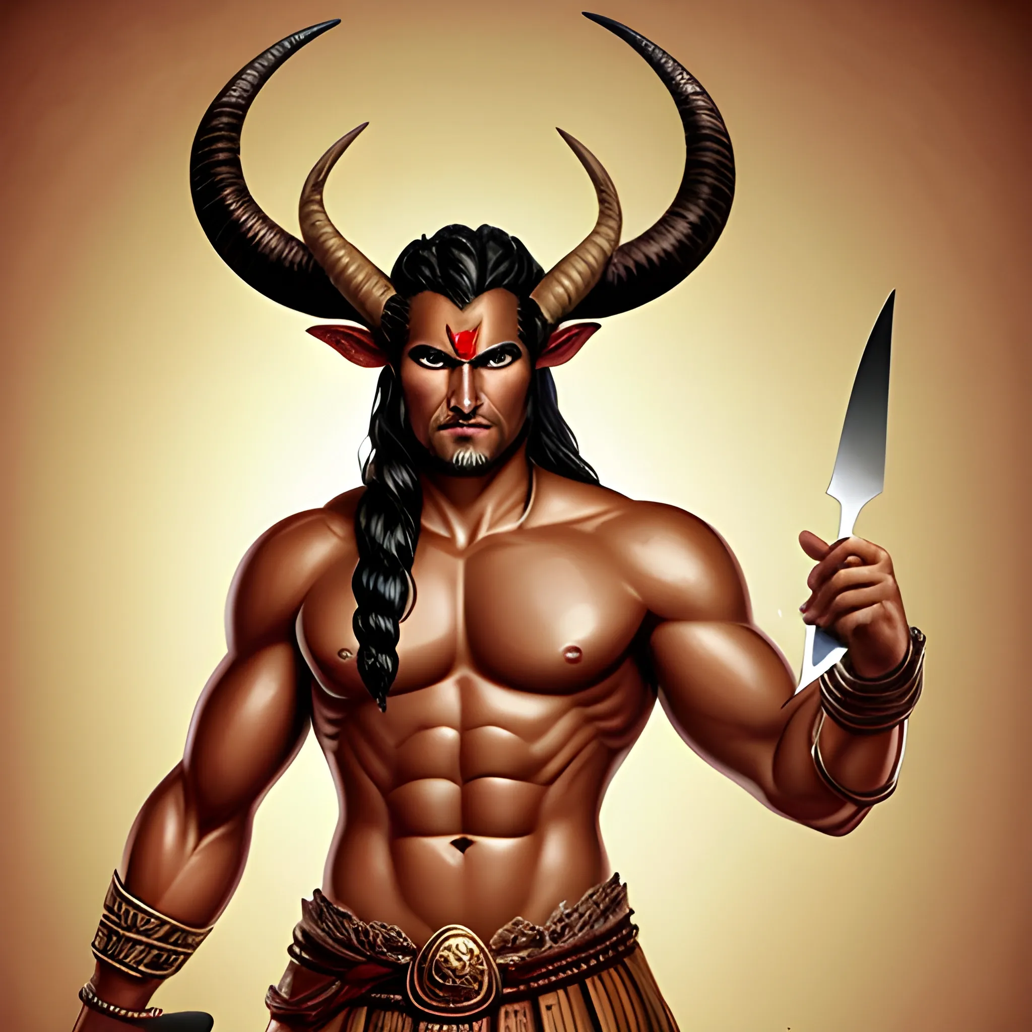 tanned skinned demi-god with horns with a kitchen knife. in a fantasy style
