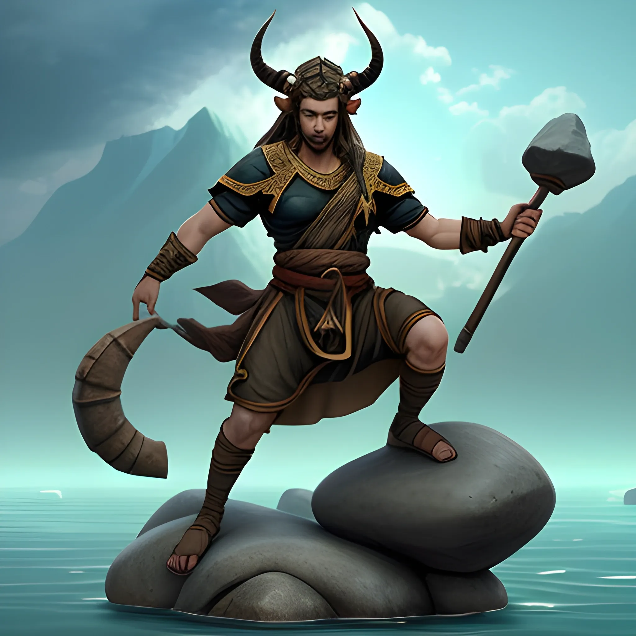 Demi-God Geomancer with horns with floating rocks ,fantasy