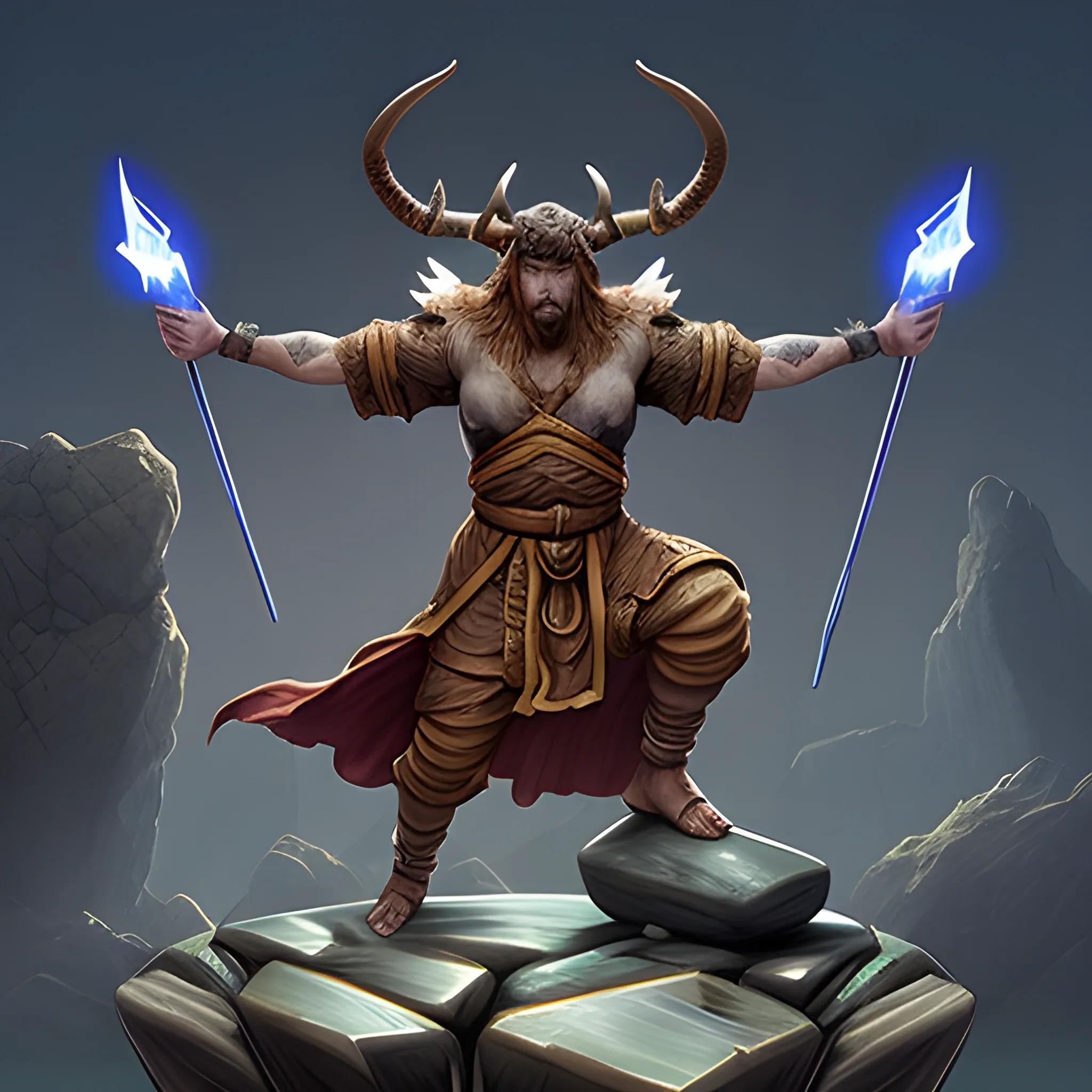 Demi-God Geomancer with horns with floating rocks ,fantasy