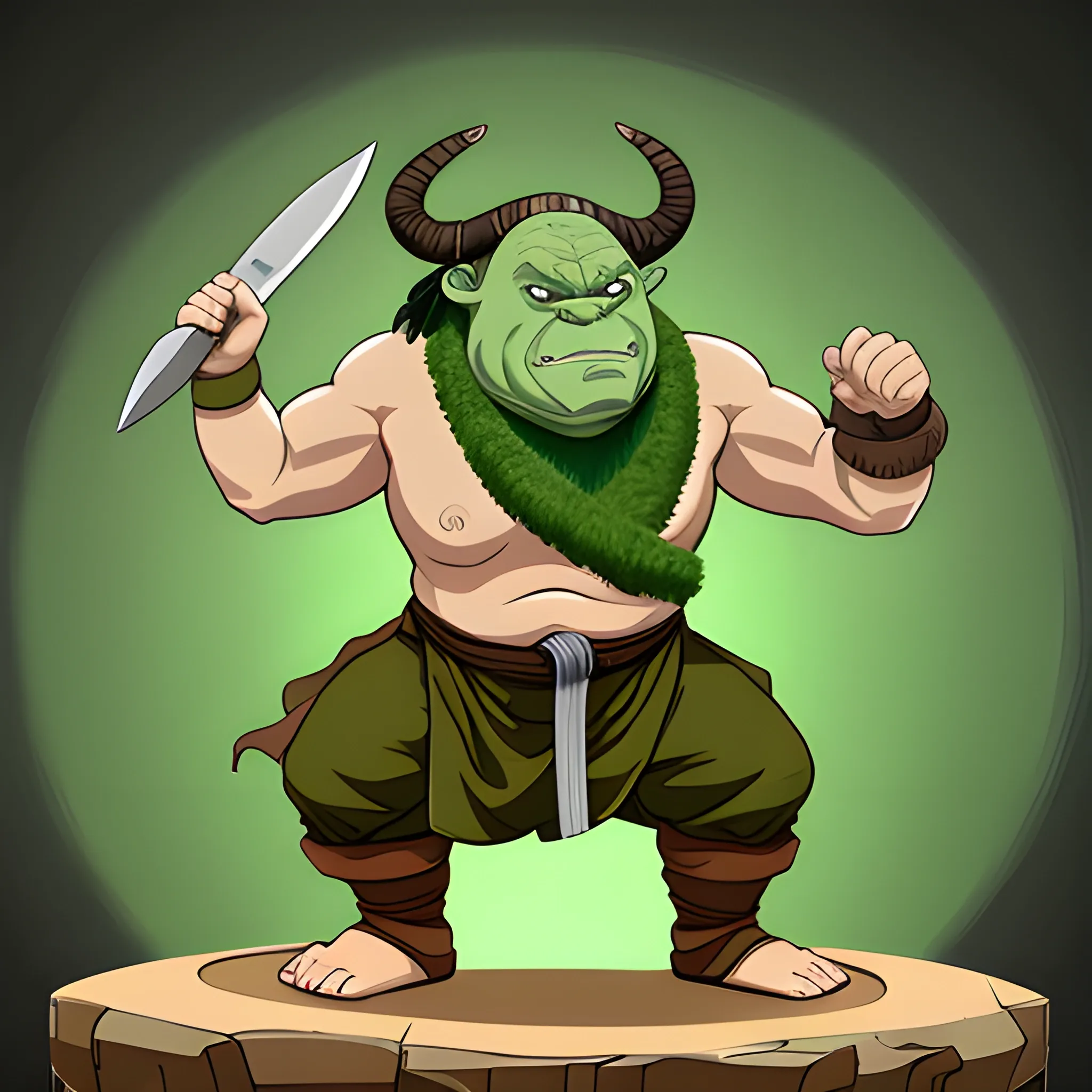 Earth bender buff ogre with horns and a kitchen knife Middle aged , Fantasy