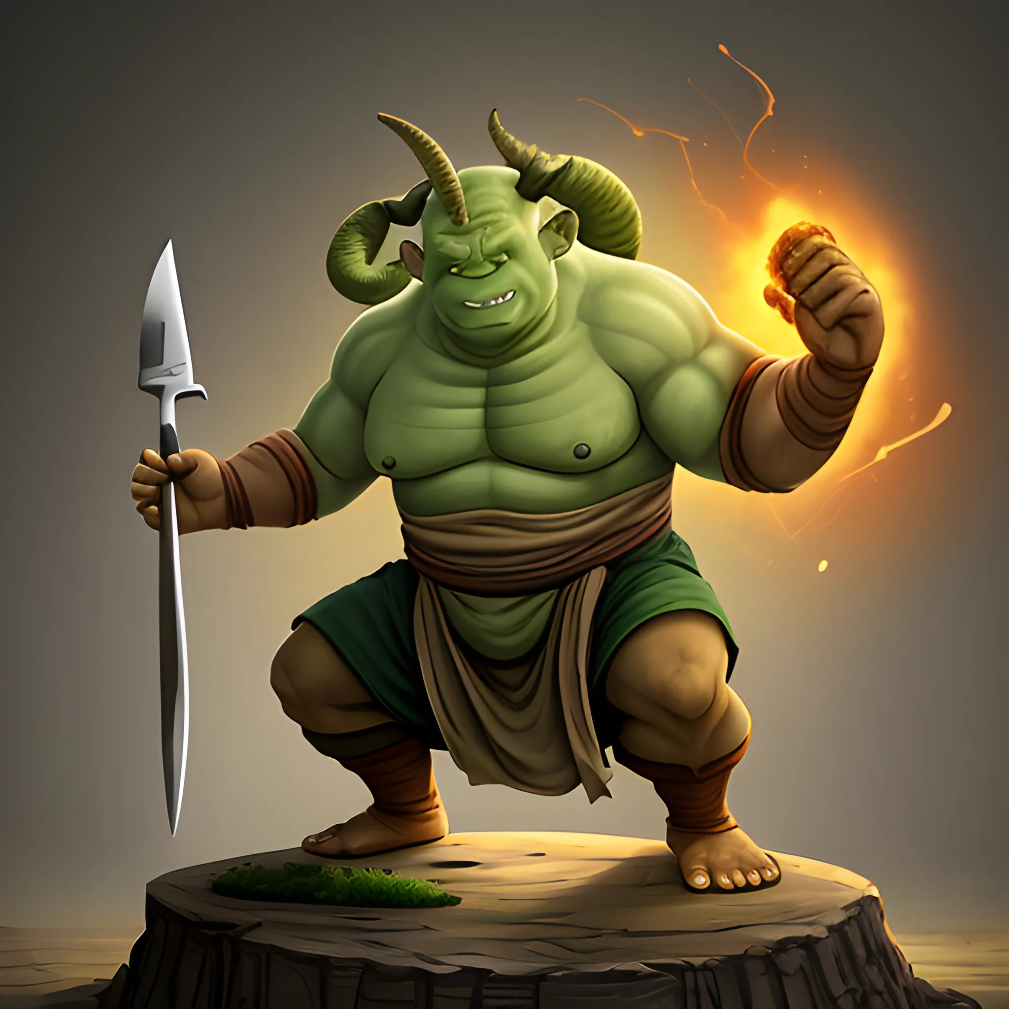 Earth bender buff ogre with horns and a kitchen knife Middle aged , Fantasy