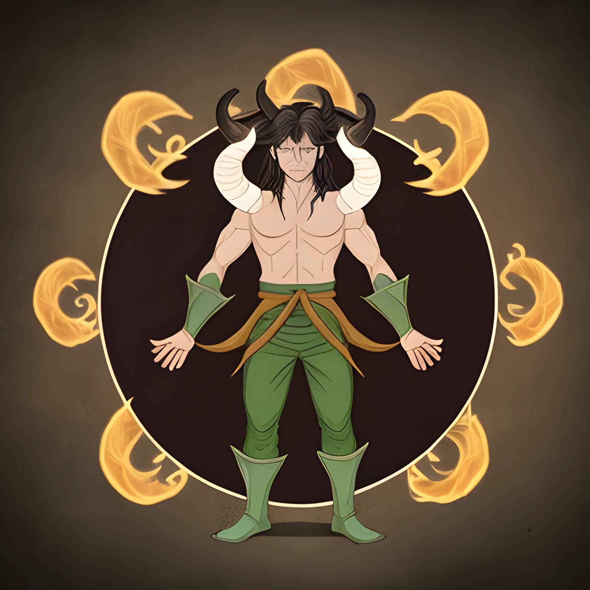 Earth bender with horns long hair and Middle aged