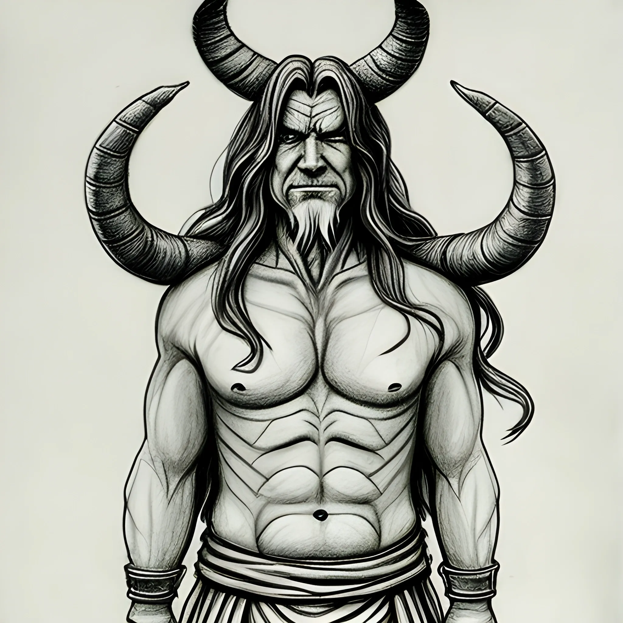 Earth bender with horns long hair and Middle aged, Pencil Sketch