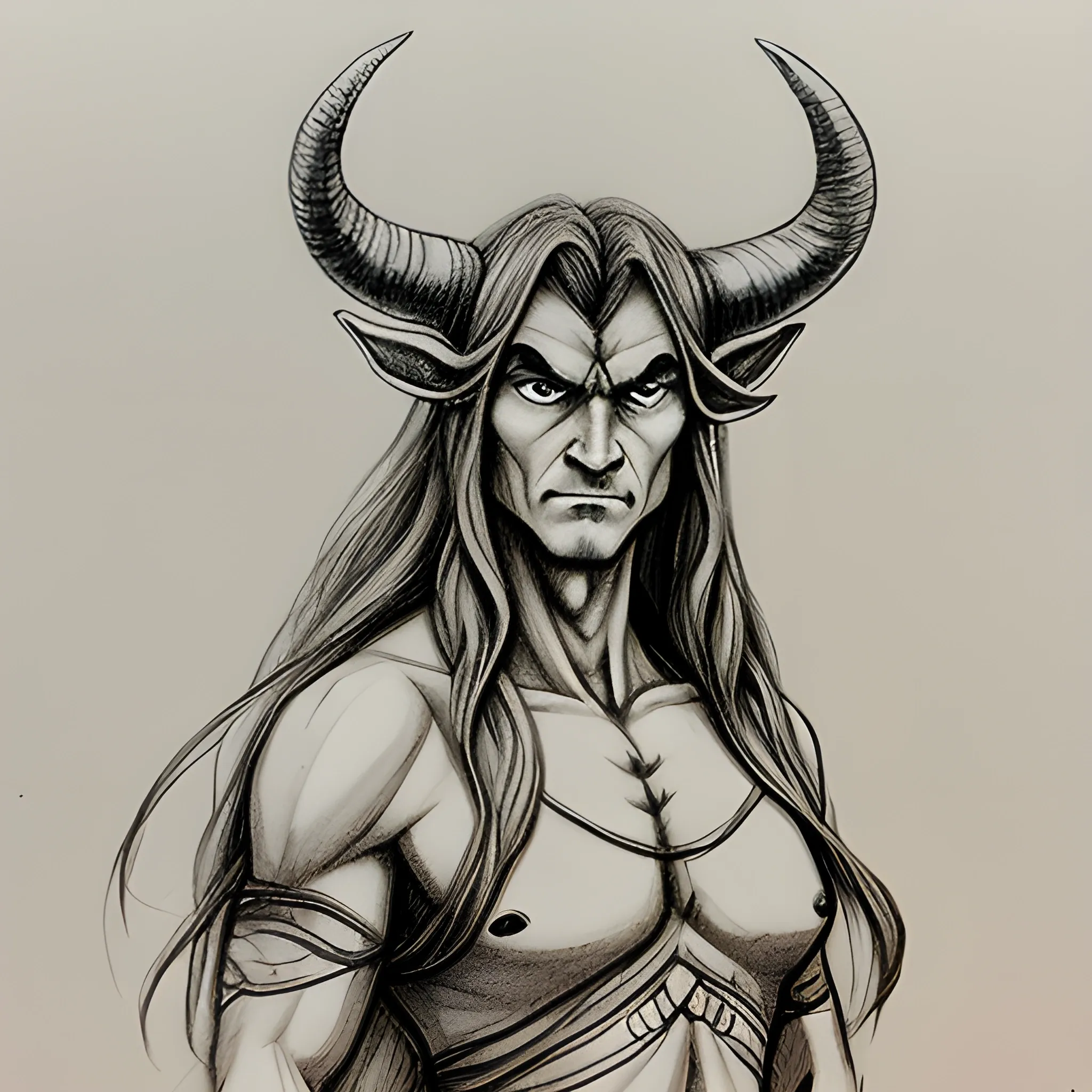 Earth bender with one pair of horns, long hair and Middle aged, Pencil Sketch