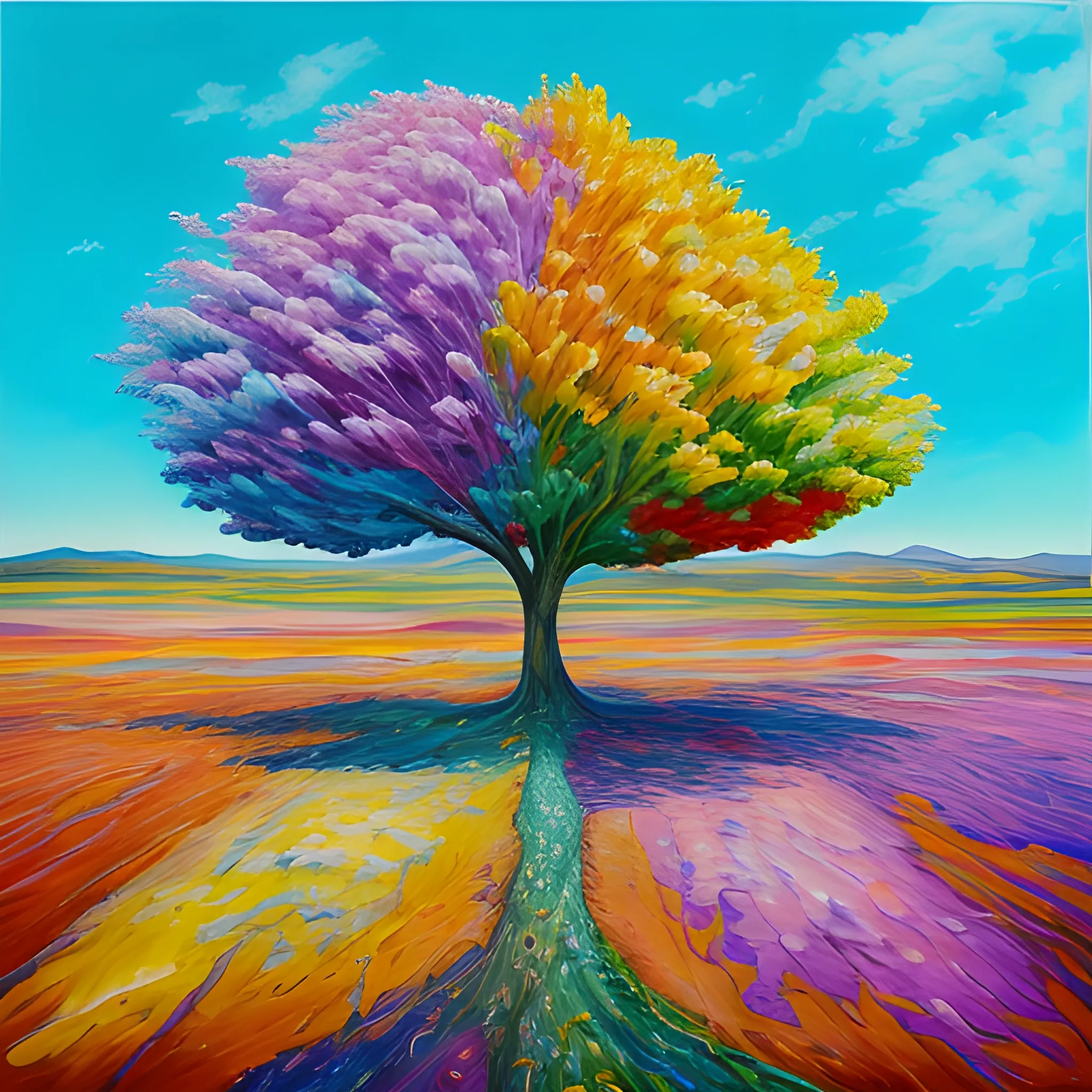 una pintura en oleo, en el paisaje se encuentra una mujer
 y un arbol de colores detras de ella, toda la imagen es colorida, muchos colores por todas partes en el cielo, tambien se ven figuras geometricas y en la parte superior con letras que van con el diseño dice la palabra "Tu Libertad"
, Oil Painting, Trippy