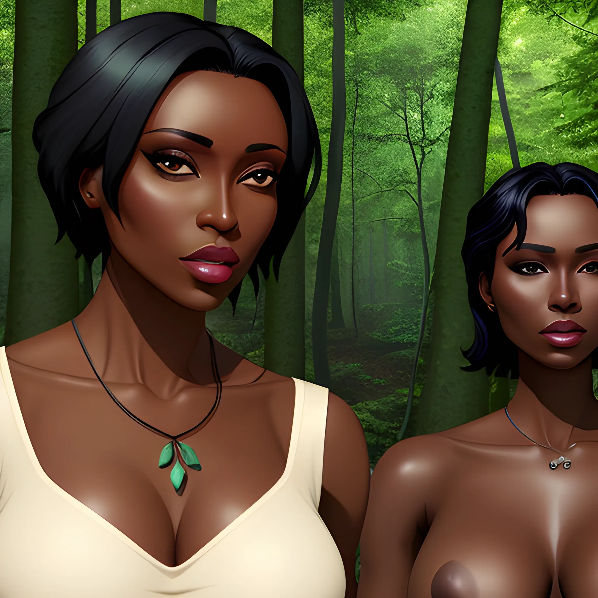 a woman in a forest gazing at the camera and a man in the background, breasts, looking_at_viewer, short_hair, multiple_girls, black_hair, 2girls, bare_shoulders, jewelry, large_breasts, underwear, standing, panties, ass, earrings, outdoors, parted_lips, solo_focus, day, looking_back, dark_skin, dark-skinned_female, tree, lips, crop_top, back, nature, armlet, forest, thong, realistic, bracer