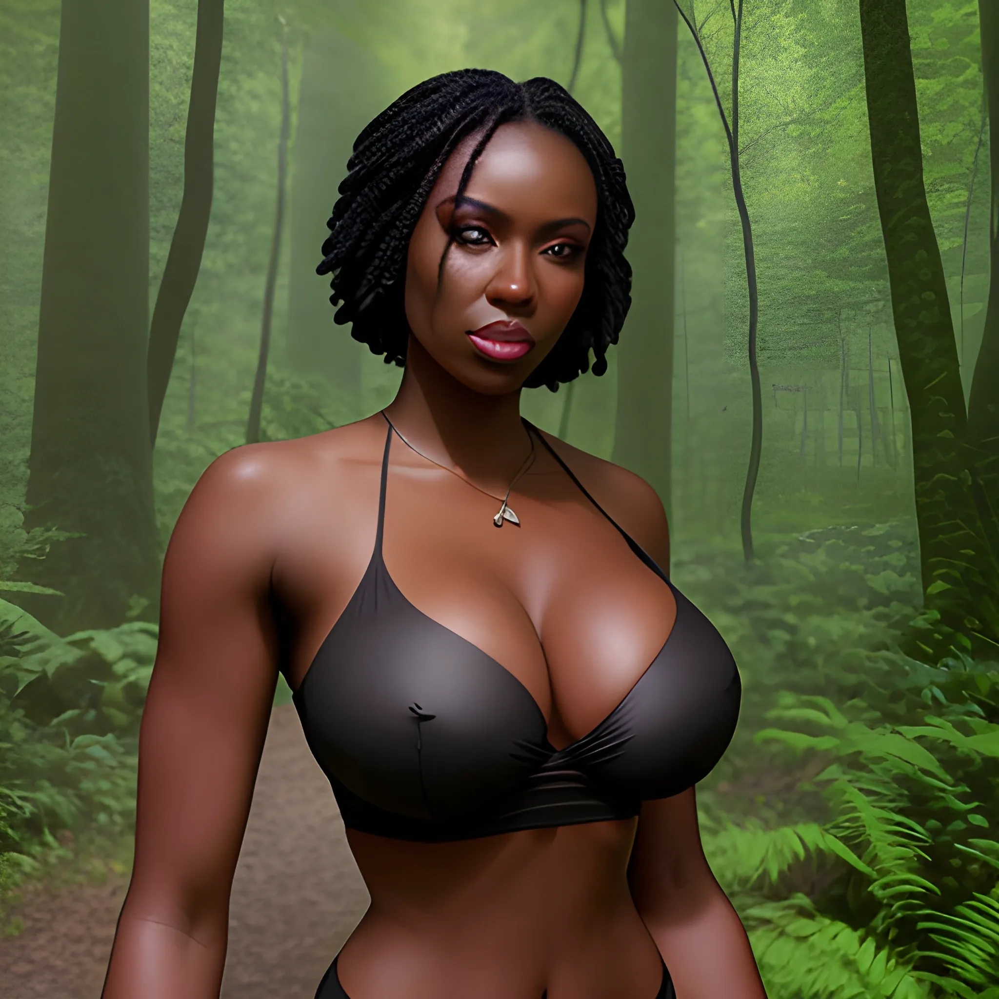 a photo of a woman in a forest gazing at the camera and a man in the background, breasts, looking_at_viewer, short_hair, multiple_girls, black_hair, 2girls, bare_shoulders, jewelry, large_breasts, underwear, standing, panties, ass, earrings, outdoors, parted_lips, solo_focus, day, looking_back, dark_skin, dark-skinned_female, tree, lips, crop_top, back, nature, armlet, forest, thong, realistic, bracer