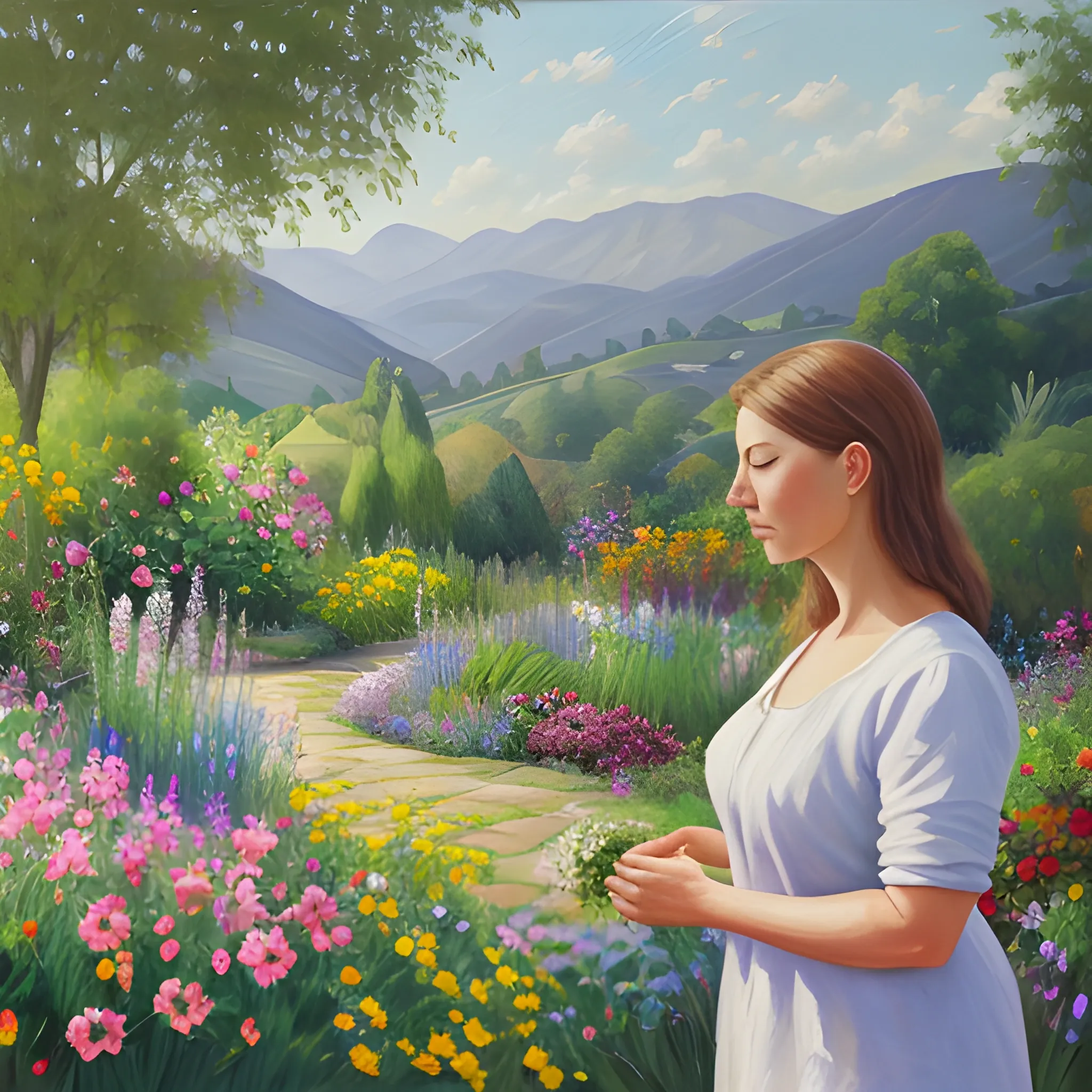 woman in garden with pretty flowers, hills in distance, calm and serene, Oil Painting