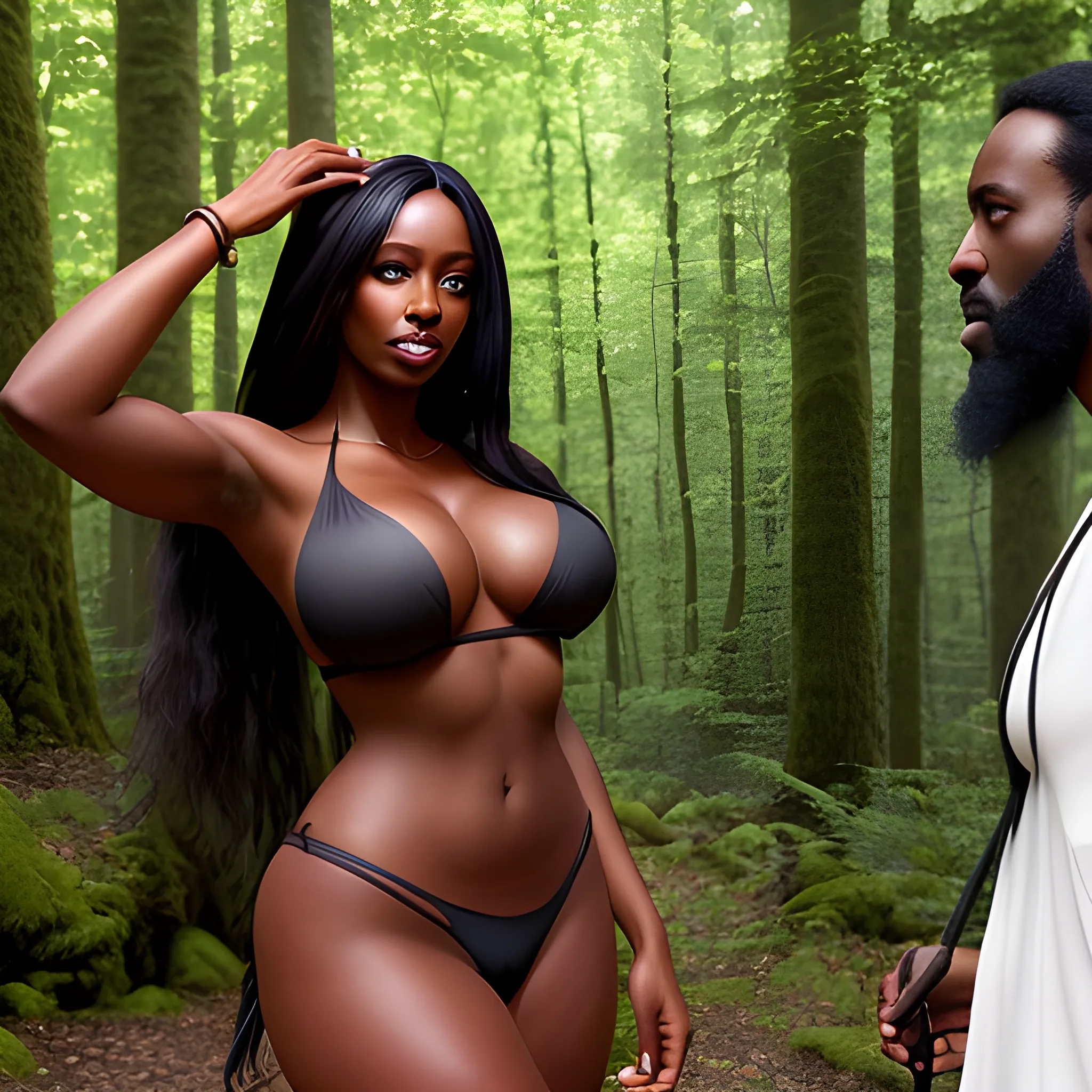 a photo of a woman in a forest gazing at the camera and a man in the background, breasts, looking_at_viewer, long_hair, multiple_girls, black_hair, 2girls, bare_shoulders, jewelry, large_breasts, underwear, standing, panties, ass, earrings, outdoors, parted_lips, solo_focus, day, looking_back, dark_skin, dark-skinned_female, tree, lips, crop_top, back, nature, armlet, forest, thong, realistic, bracer, Trippy