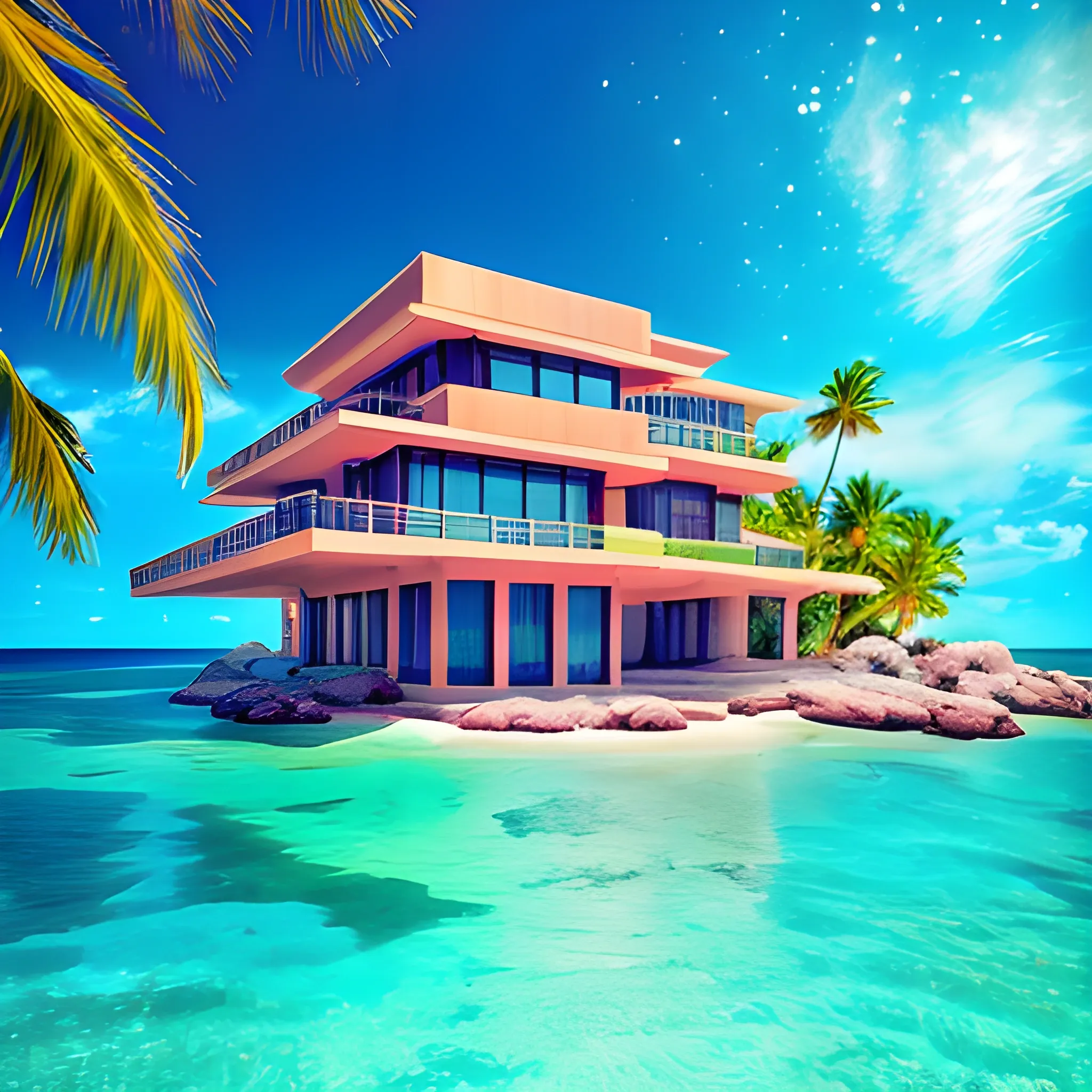 Awesome beach Frank Lloyd Wright House on a paradise island with palm trees surrounded by clear water with colorful fish under the water, epic landscape, galaxies in sky, vibrant colours, high detail, beautiful composition, high resolution, mysterious, Trippy