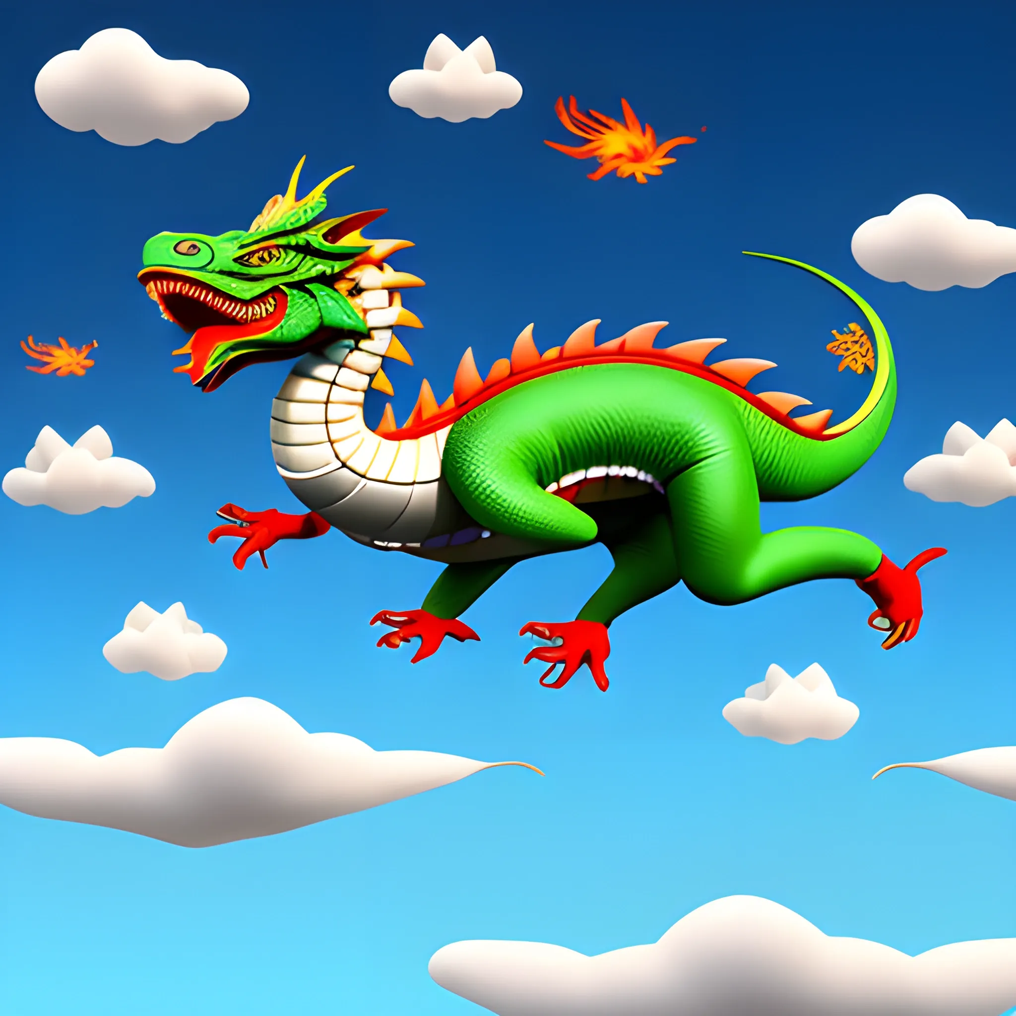 3d animated style, Chinese dragon flying, auspicious clouds