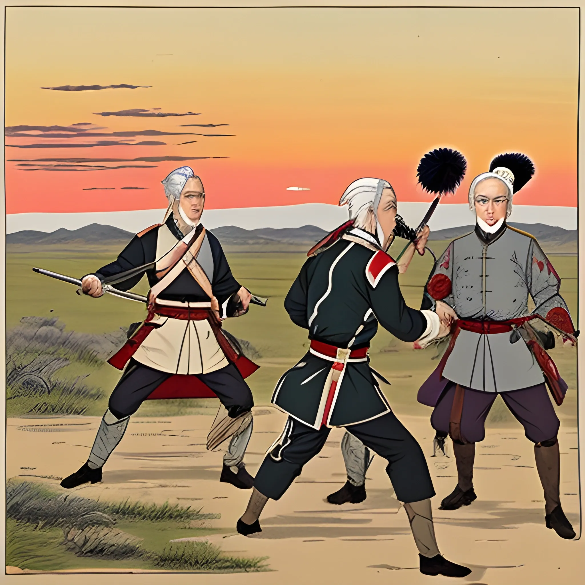 Eastern battlefield, Warring States period, cold weapons, hand-to-hand combat, blood-stained battlefield, generals with white hair, clear faces, and the sunset, Cartoon