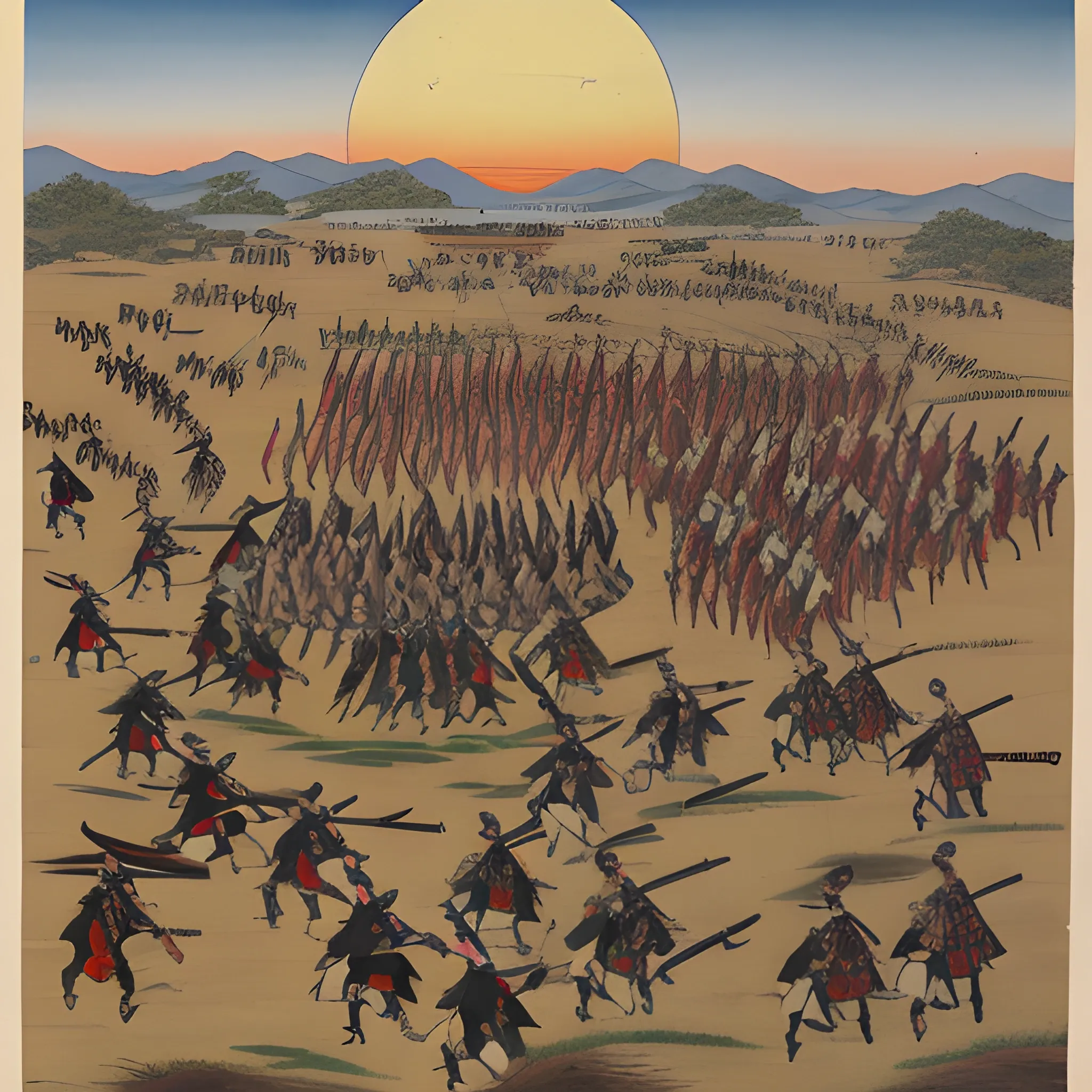 Eastern battlefield, Warring States period, cold weapons, hand-to-hand combat, blood-stained battlefield, generals with white hair, clear faces, and the sunset