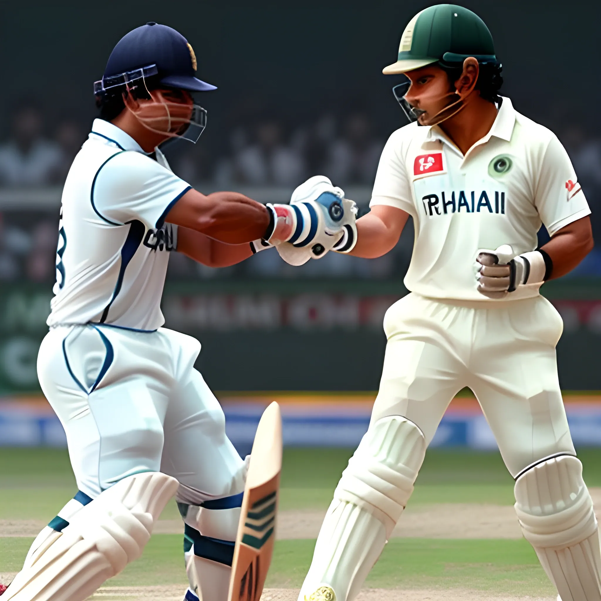 a photo of ((Sachin Tendulkar)) and ((Rahul Dravid)) fighting with each other with bat in hand, ultra HD, hyper realistic, great face details, saurav Ganguly crying in background.
