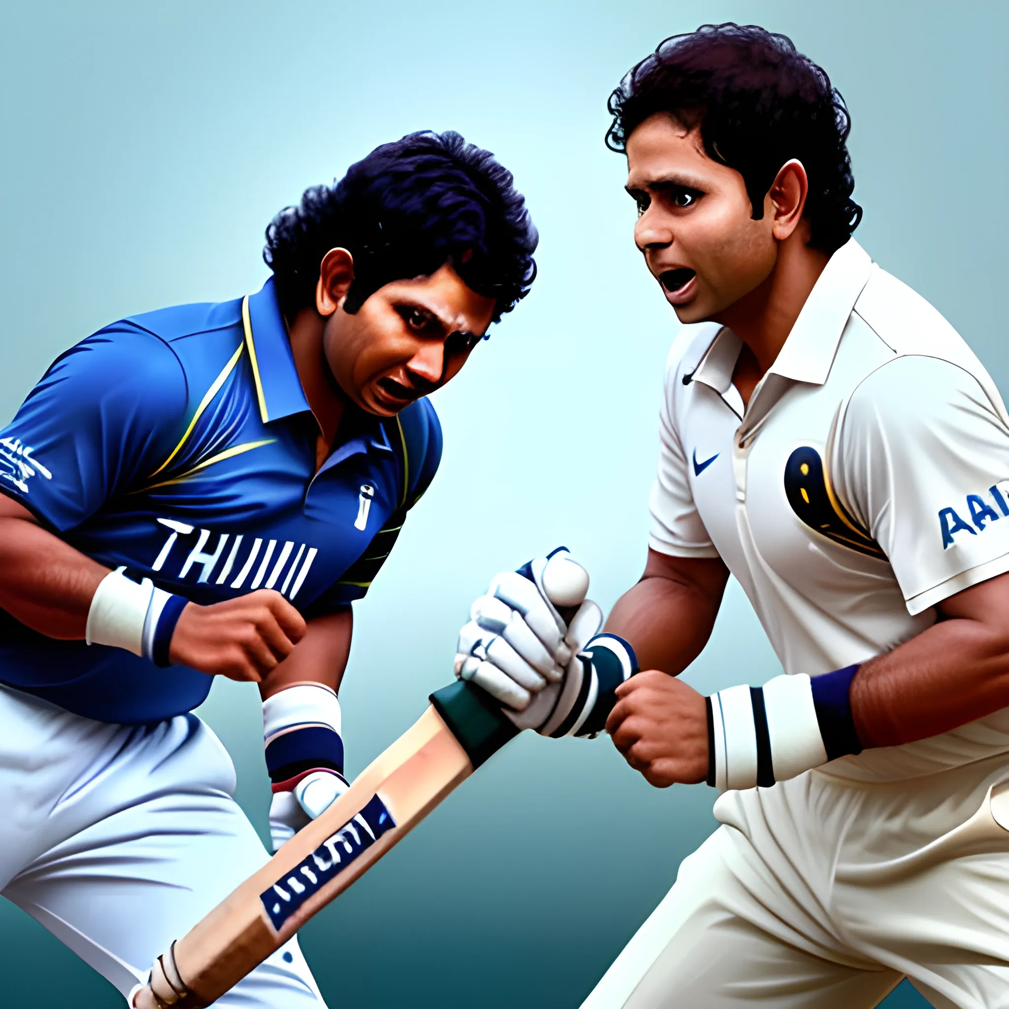 a photo of ((Sachin Tendulkar)) and ((Rahul Dravid)) fighting with each other very badly with their bats in hand, ultra HD, hyper realistic, great face details, ((Saurav Ganguly)) crying very badly in background.