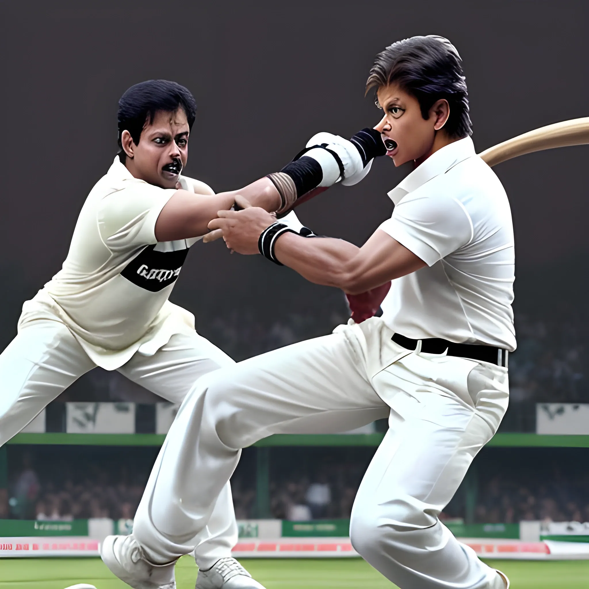 a photo of ((Salman Khan)) and ((Shah Rukh Khan)) fighting with each other very badly with their bats in hand, ultra HD, hyper realistic, great face details, ((Rahul Gandhi)) crying very badly in background.