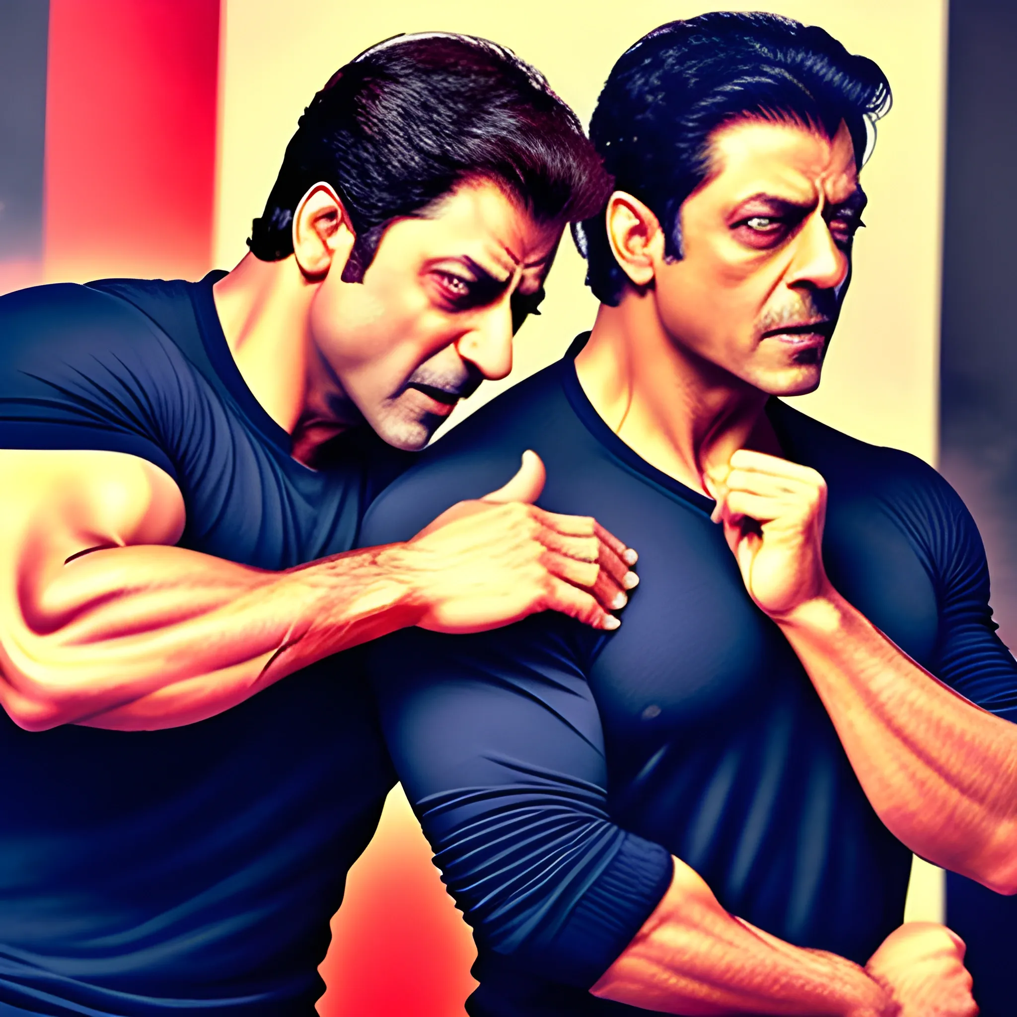 a photo of ((Salman Khan)) and ((Shah Rukh Khan)) fighting with each other very badly, ultra HD, hyper realistic, great face details, ((Rahul Gandhi)) crying like a baby very badly in background.