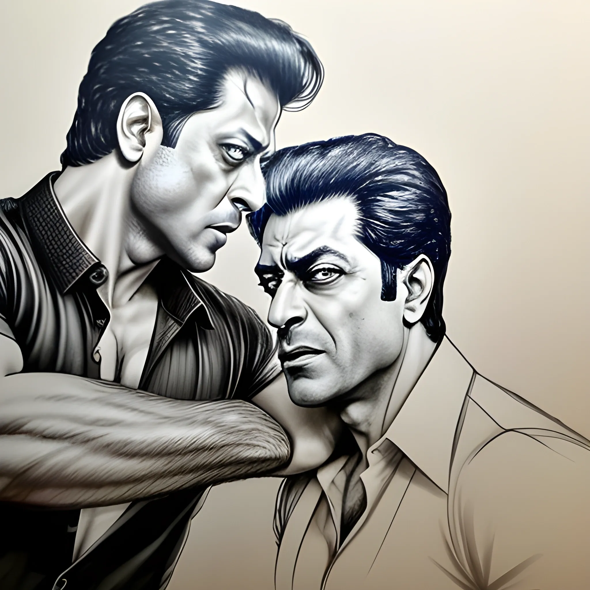 a photo of ((Salman Khan)) and ((Shah Rukh Khan)) fighting with each other very badly, ultra HD, hyper realistic, great face details, ((Rahul Gandhi)) crying like a baby very badly in background., Pencil Sketch