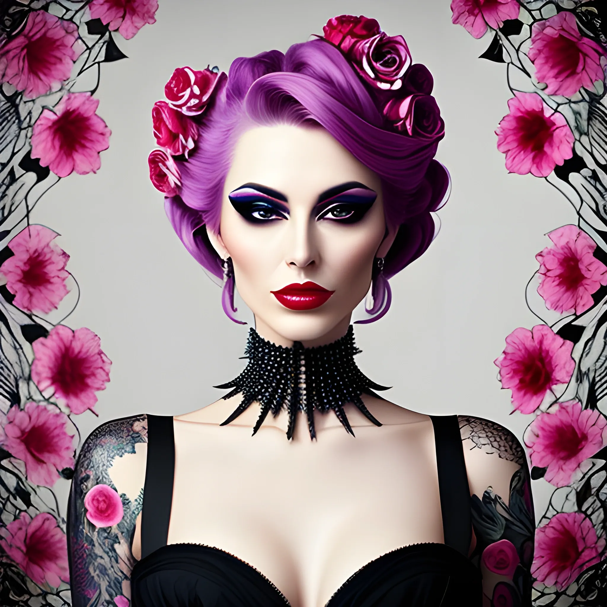 Portrait of a beautiful girl in bloom, mysterious and elegant floral punk fashion