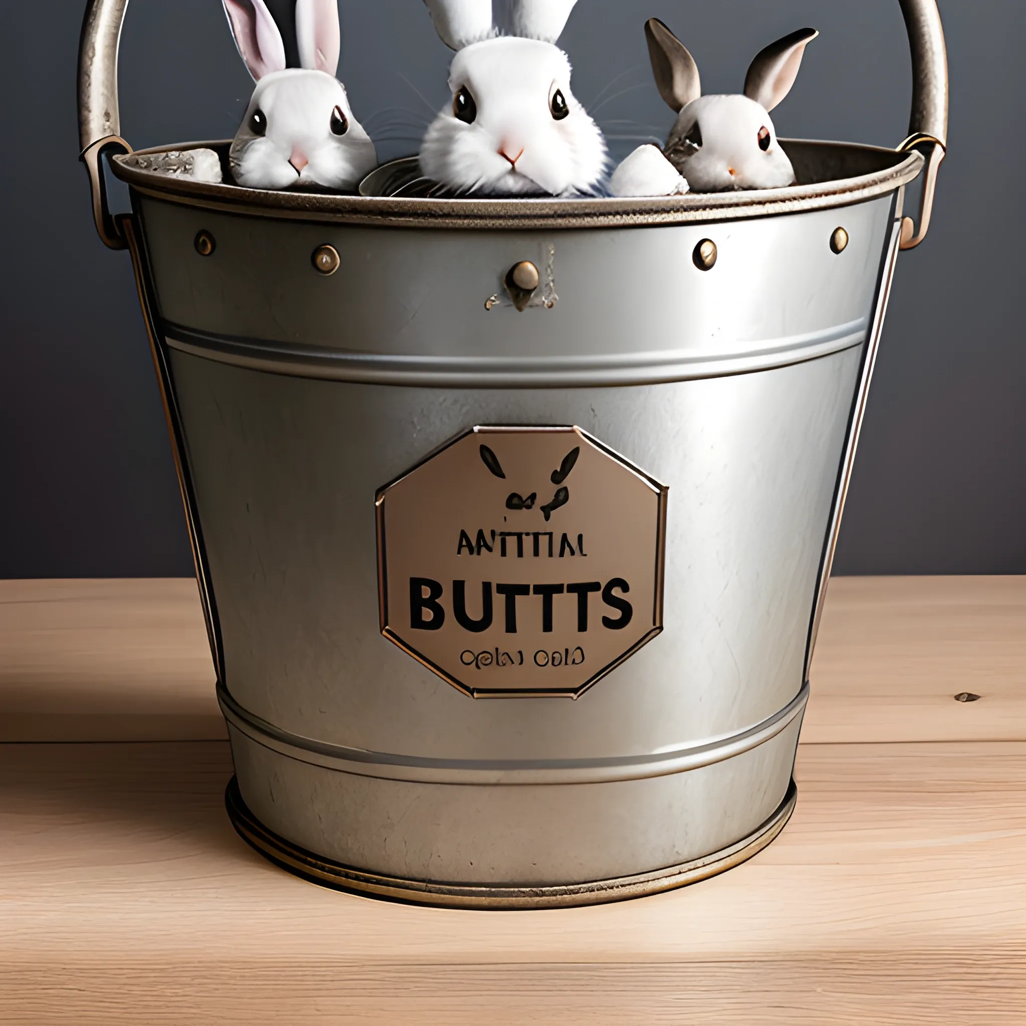 Metal Bucket with a Martins Bucket Label Rabbits inside Bucket