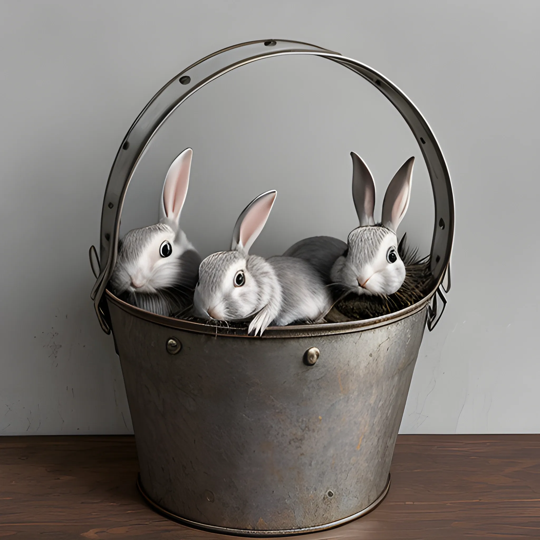 metal Bucket with Rabbits inside
