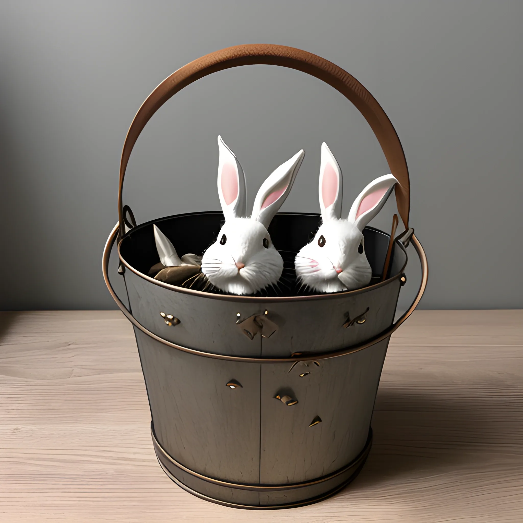 metal Bucket wooden handle with Rabbits inside
