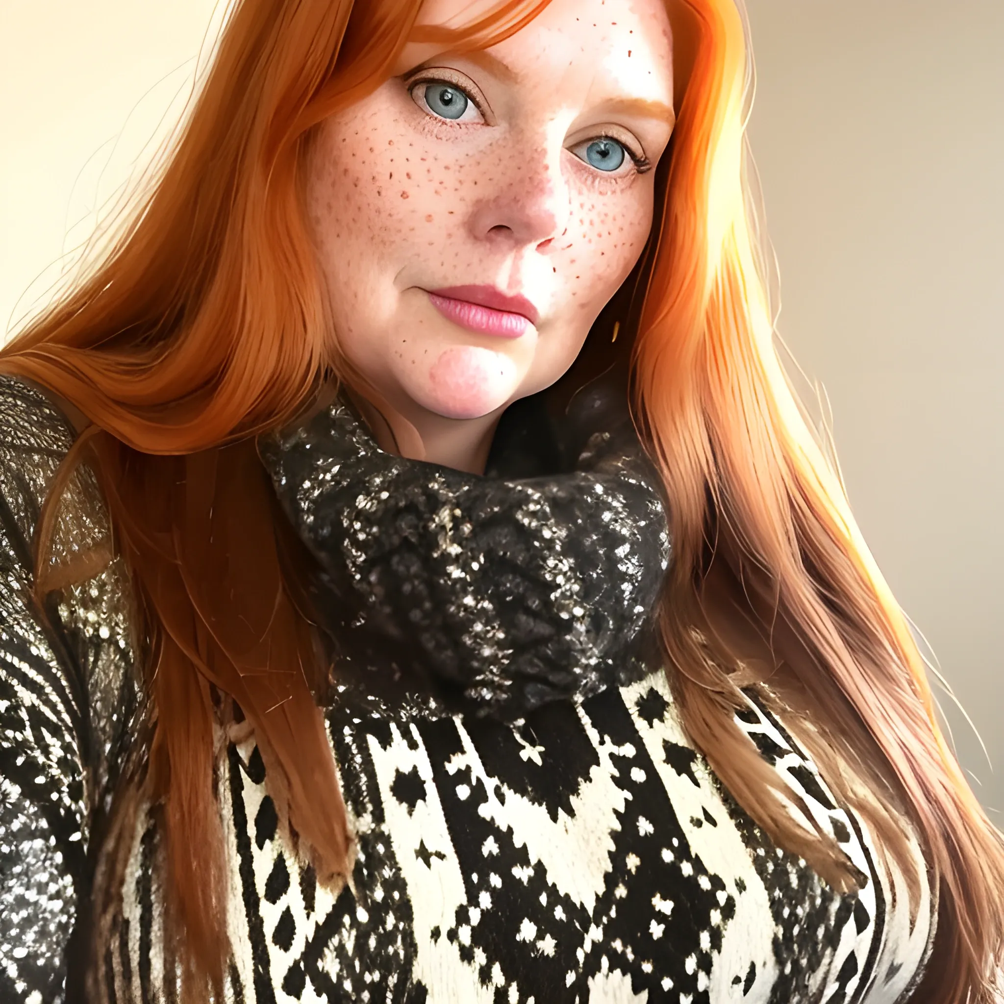 Tall beautiful plus-sized, ample, busty, early middle-aged American Woman, long straight ginger hair, full lips, full face, freckles, black patterned sweater, looking down at the camera, up close pov, detailed 