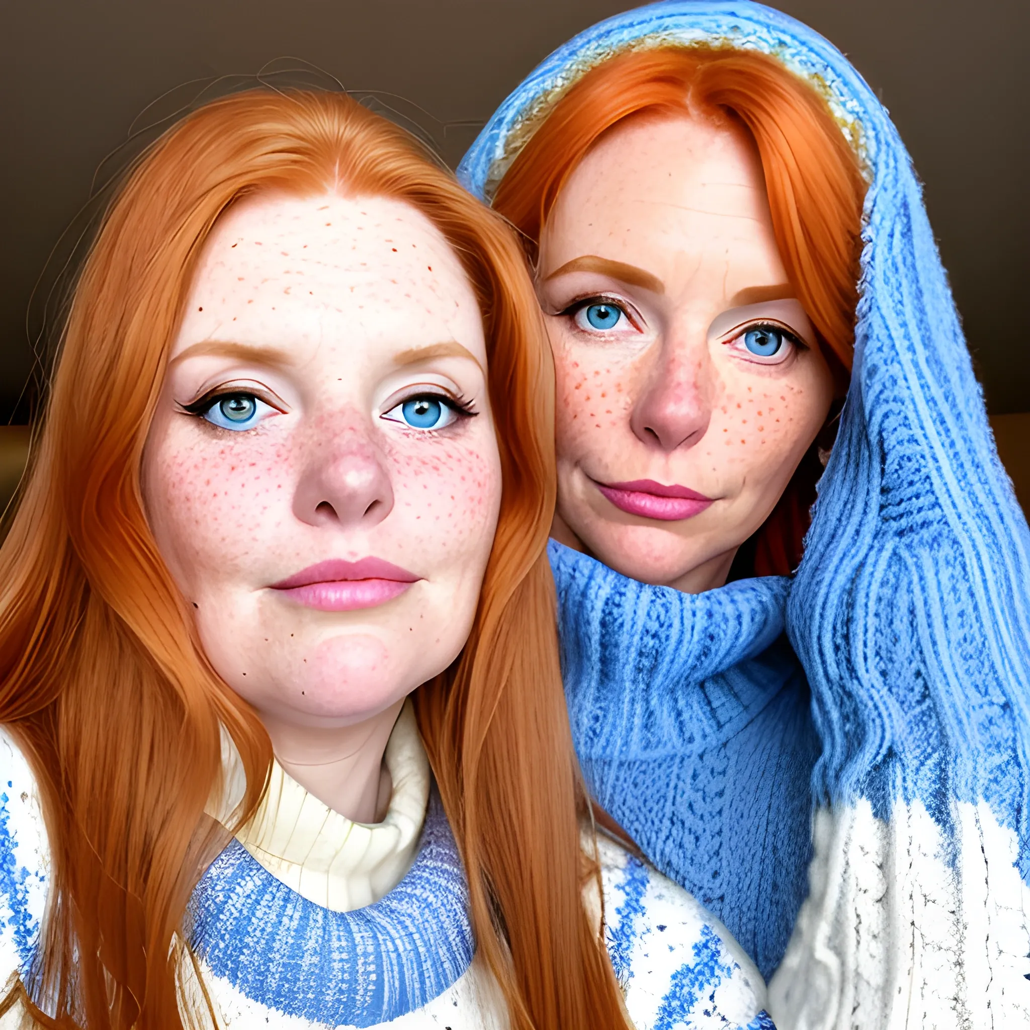 Two tall beautiful plus-sized, ample, busty, early middle-aged American Women, long straight ginger hair, full lips, full face, freckles, white and blue sweater, looking down at the camera, up close pov, detailed 