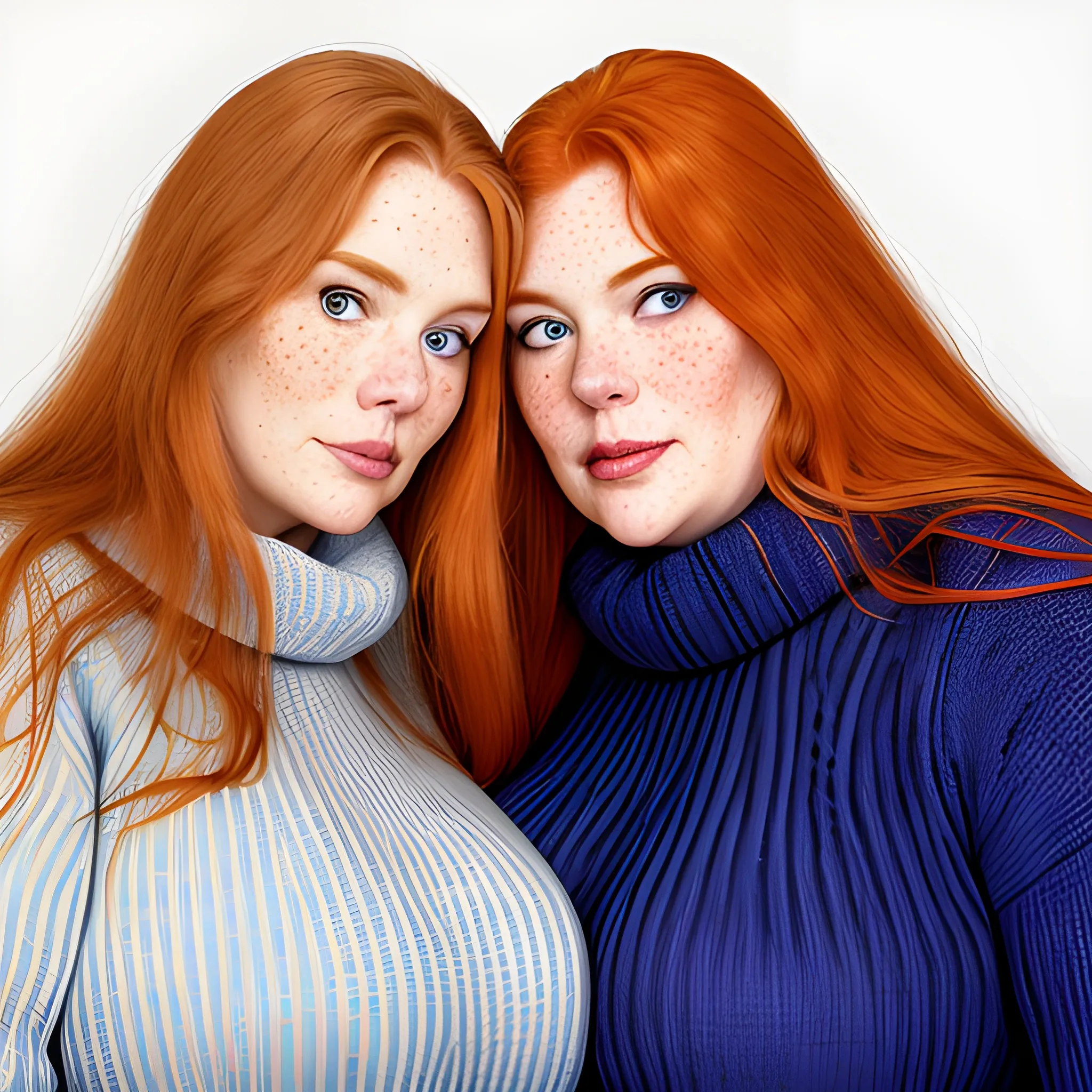 Two tall beautiful plus-sized, ample, busty, early middle-aged American Women, long straight ginger hair, full lips, full face, freckles, red and blue sweater, looking down at the camera, up close pov, detailed 