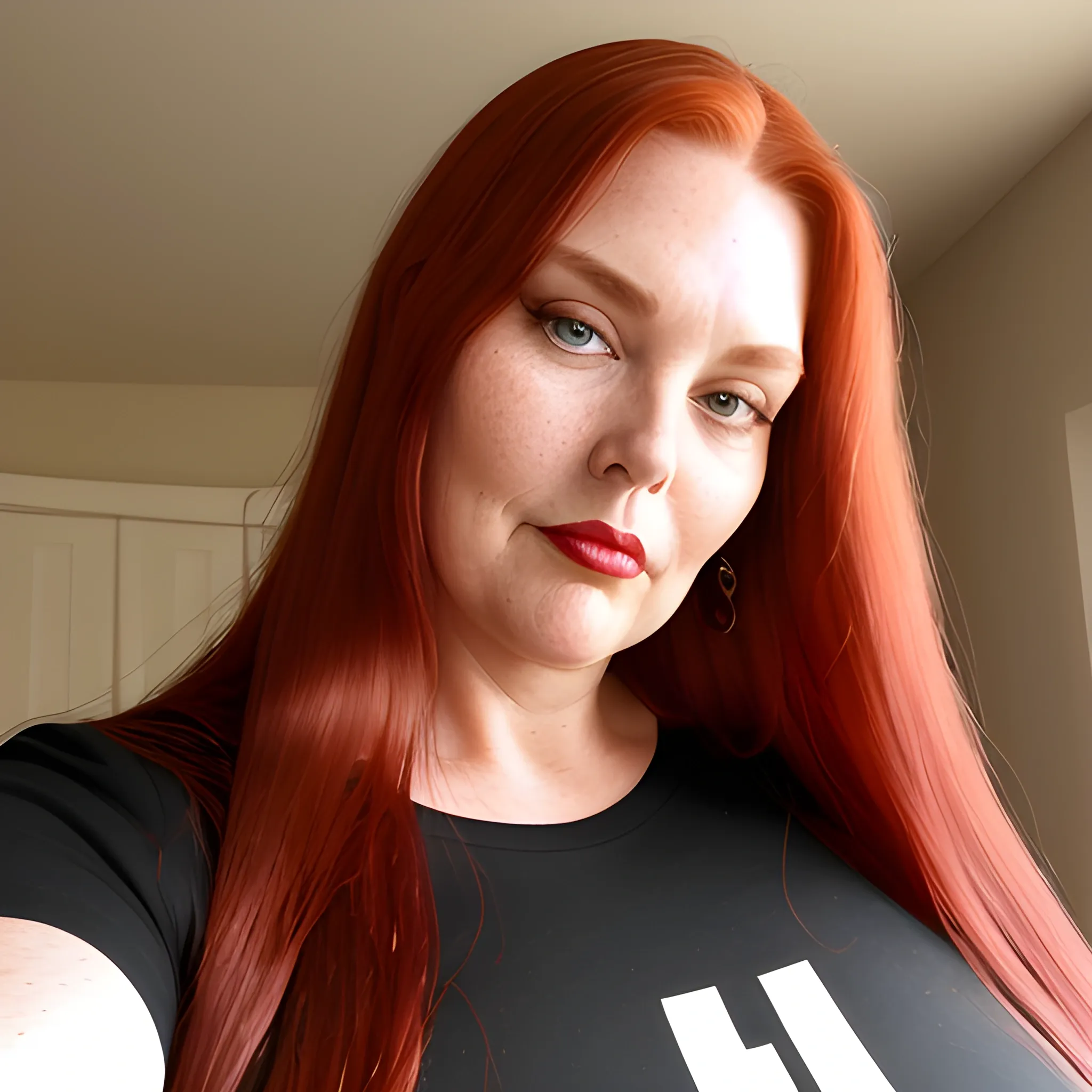 Very tall, beautiful plus-sized, ample, buxom, early middle-aged, American Woman, long straight red hair, full lips, full face, fitted black long-sleeved shirt, looking down at the camera, up close pov, detailed 