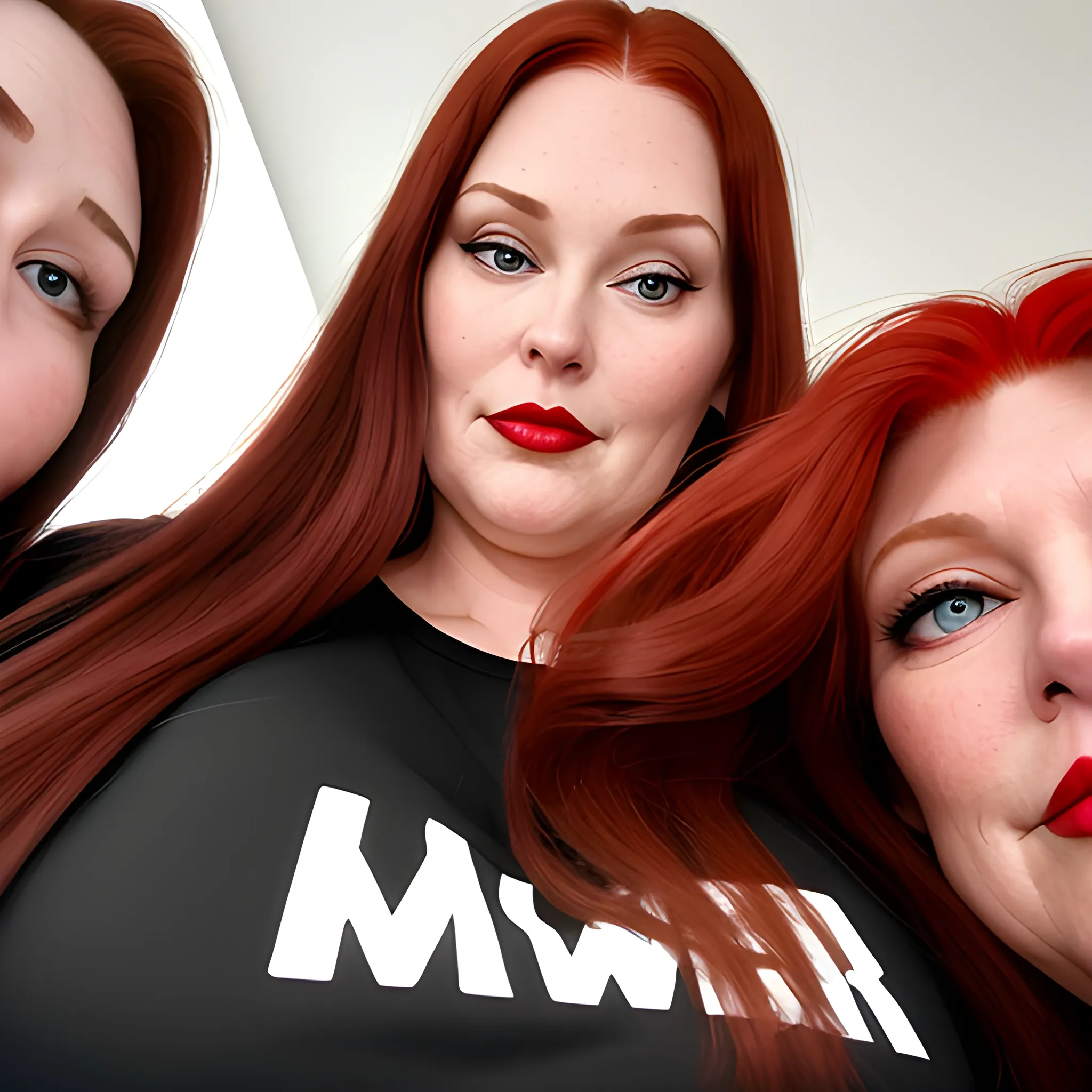 Two very tall, beautiful plus-sized, ample, buxom, early middle-aged, American Women, long straight red hair, full lips, full face, fitted black long-sleeved shirt, looking down at the camera, up close pov, detailed 