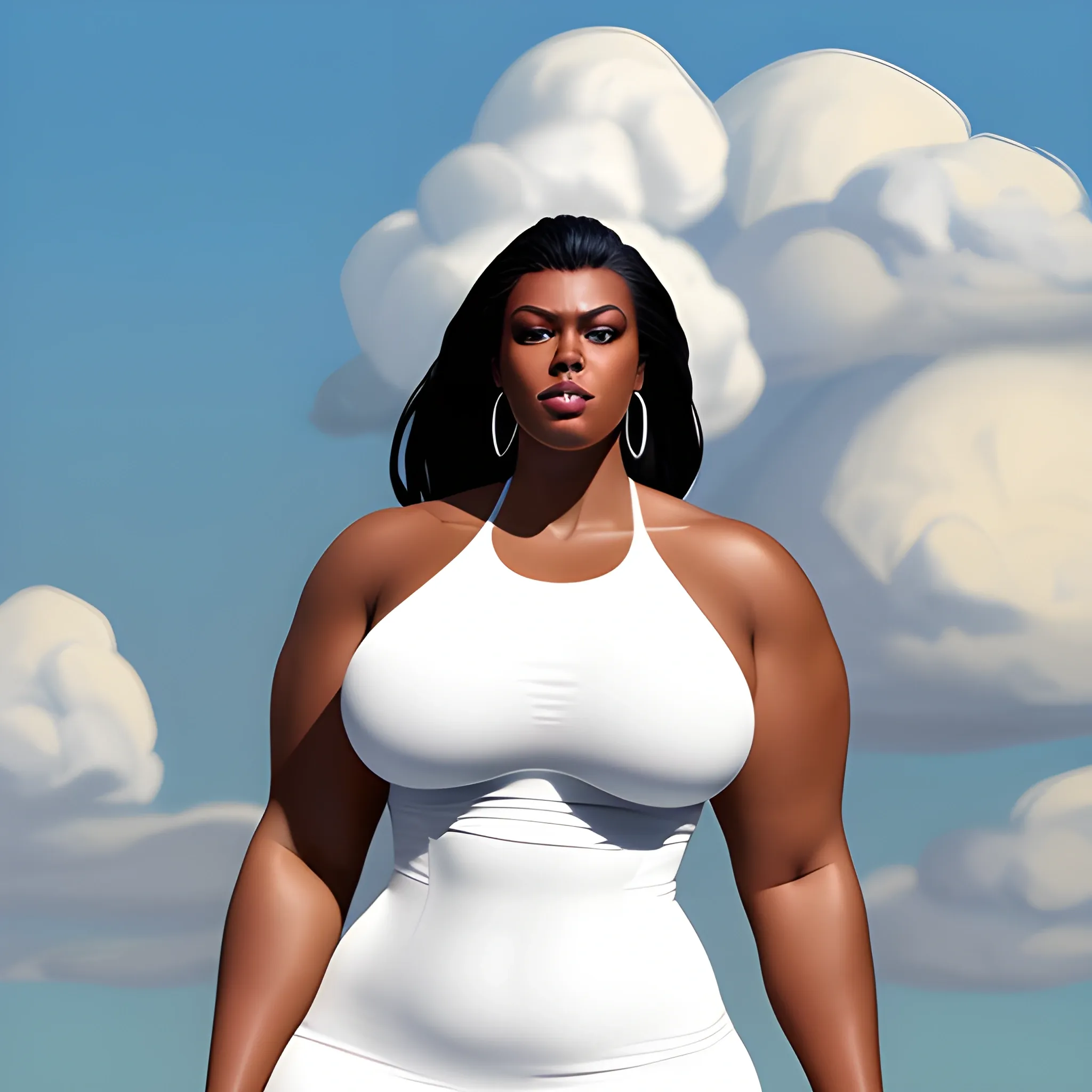 extremly tall, huge, massive plus size and muscular beautiful black girl in plain tight white dress, with very broad shoulders, long neck, small narrow head with long chin standing out, towerring under the clouds and looking down to us