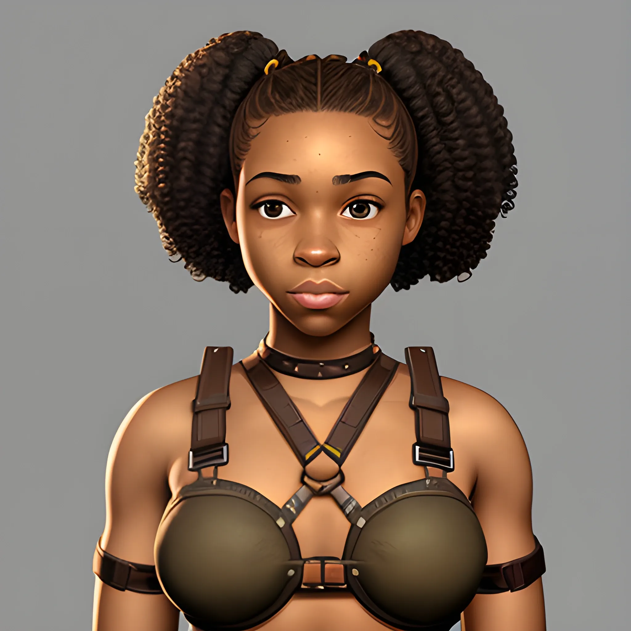 In the style of fallout 1, (masterpiece), (portrait photography), pixel art, (portrait of 20 years old African-American female), no makeup, flat chested, harness outfit made out of straps, no bra, no bikini, average face, an average looking African-American woman, curly ponytail, curly ponytail brown hair, (brown eyes), (full body), Centered image, character sheet, concept art