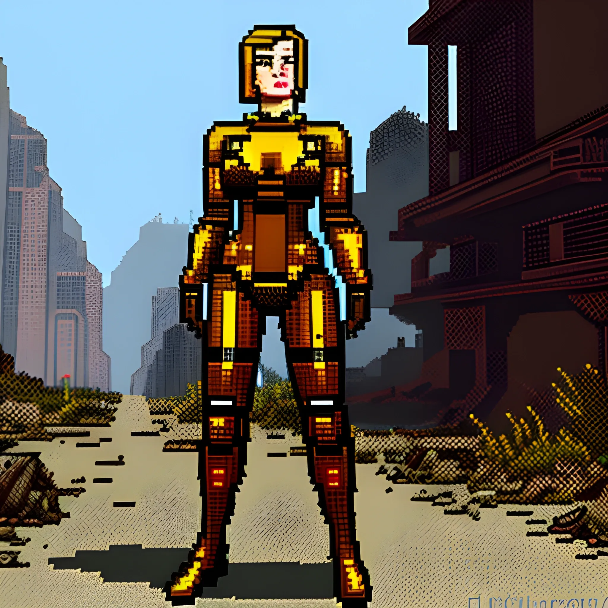 In the style of fallout, masterpiece, young Caucasian woman, combat armour, pixel art, full body 