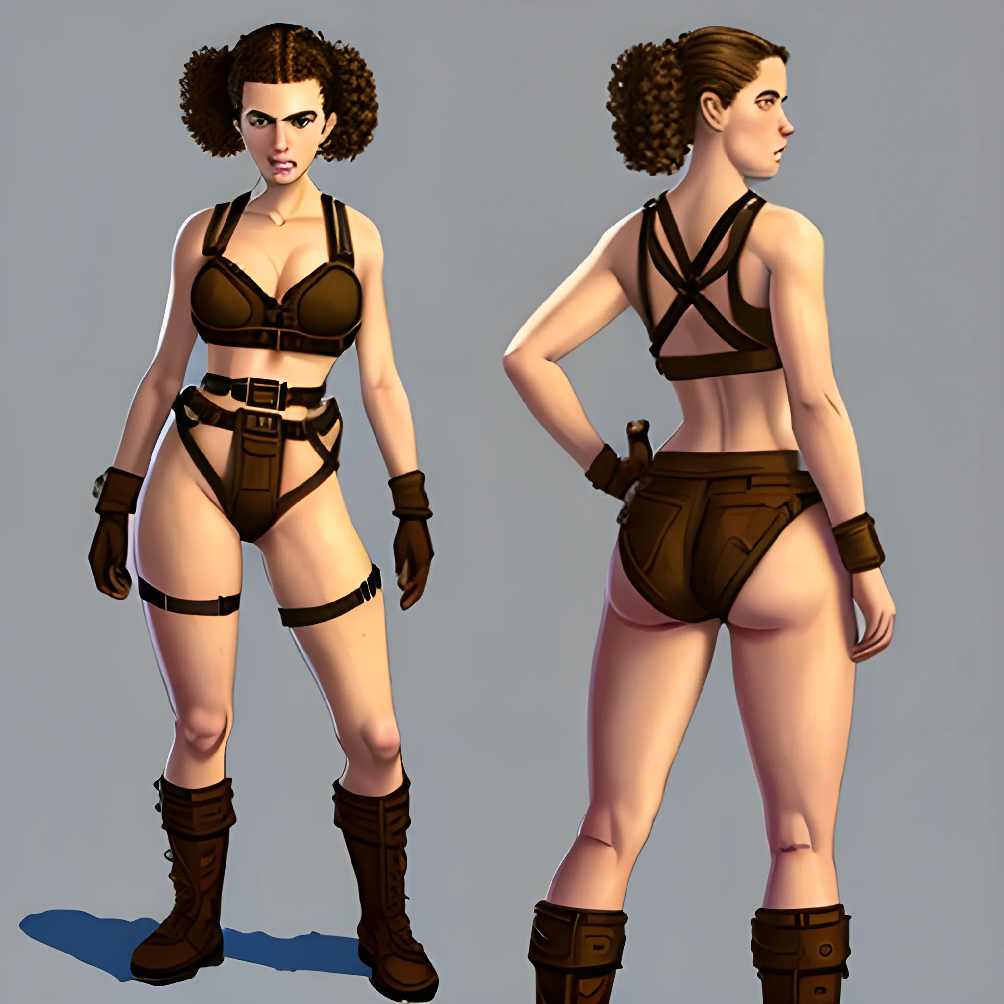 In the style of fallout 1, (masterpiece), (portrait photography), pixel art, (portrait of 20 years old Caucasian female), no makeup, flat chested, harness outfit made out of straps, no bra, no bikini, average face, an average looking Caucasian woman, curly ponytail, curly ponytail brown hair, (brown eyes), (full body), Centered image, character sheet, concept art full body image