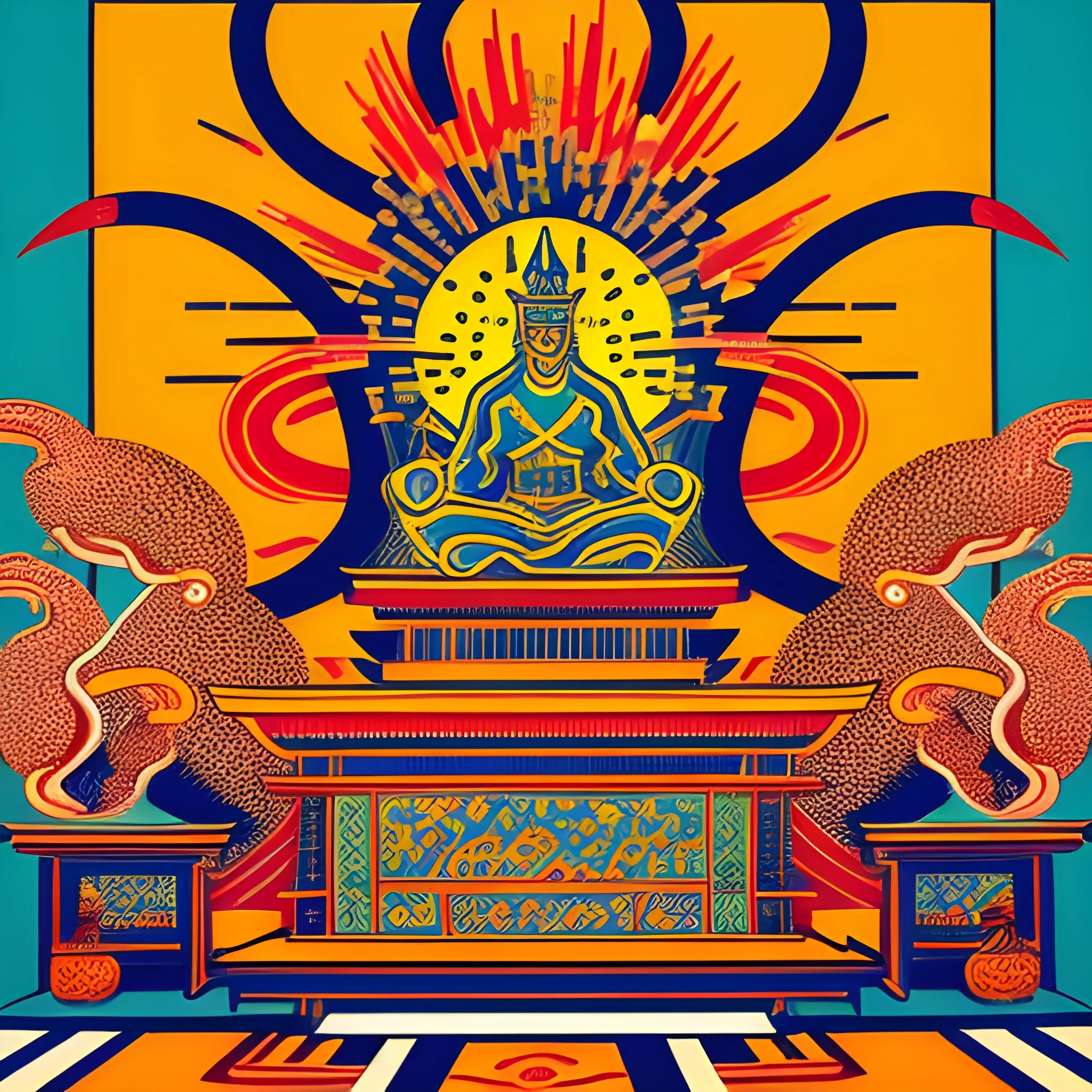 I would like you to depict the thunderous roar on the right of the Japanese-style altar with no offerings, without portraying the figures. Placement: Altar on the left. Lightning bolt on the right. Art: The atmosphere of art installations like wooodali and elements of Rimpa school, Yokoyama Taikan, Takashi Murakami, and Tadanobu Kano are incorporated to create a unique and sophisticated artwork. Einoh Kano, Art: Keith Haring, Photography, Epic, Volume Writing, Art: Einoh Kano, Illustration, Illustration , 
