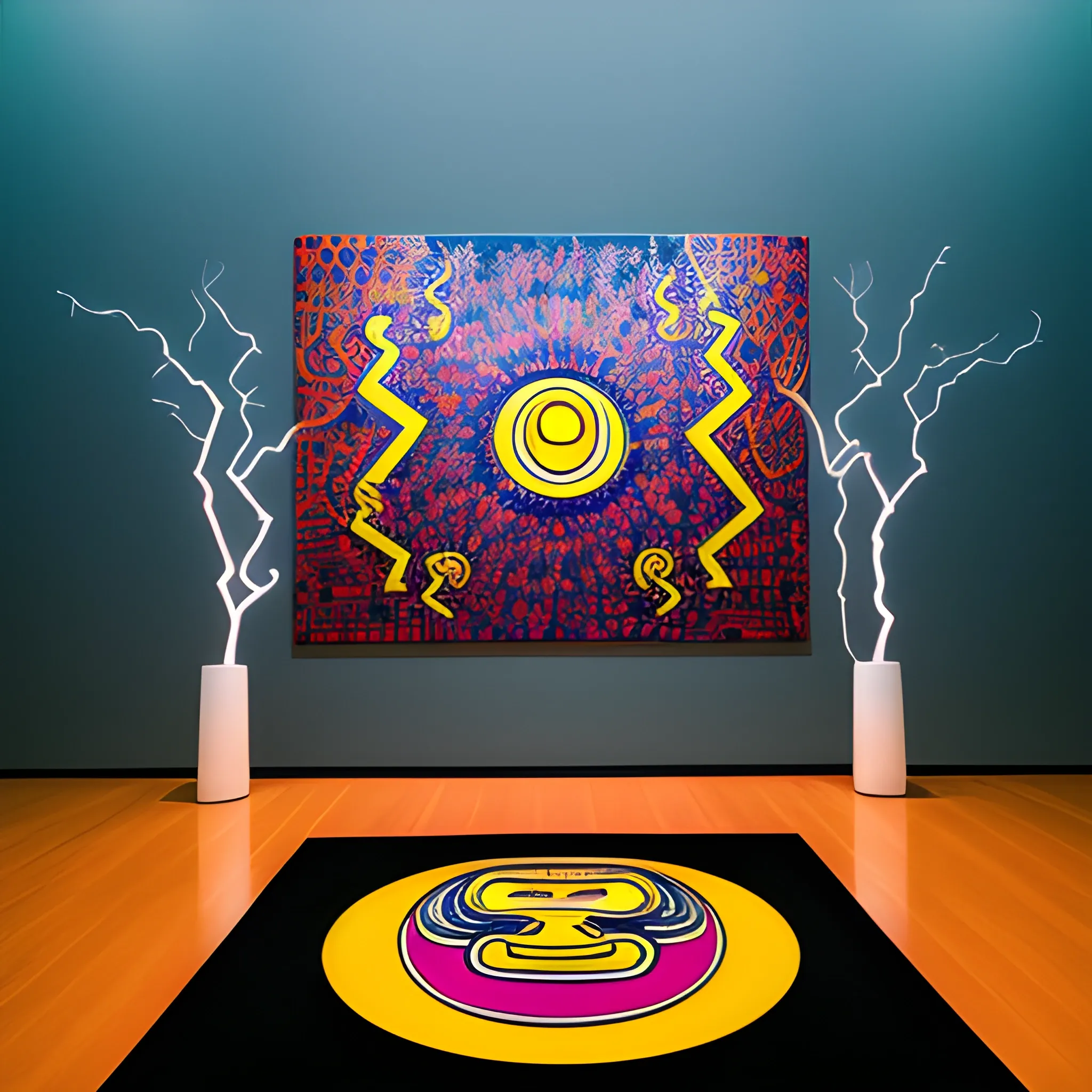 I would like you to depict the thunderous roar on the right of the Japanese-style altar with no offerings, without portraying the figures. Placement: Altar on the left. Lightning bolt on the right. Art: The atmosphere of art installations like wooodali and elements of Rimpa school, Yokoyama Taikan, Takashi Murakami, and Tadanobu Kano are incorporated to create a unique and sophisticated artwork. Einoh Kano, Art: Keith Haring, Photography, Epic, Volume Writing, Art: Einoh Kano, Illustration, Illustration , 
