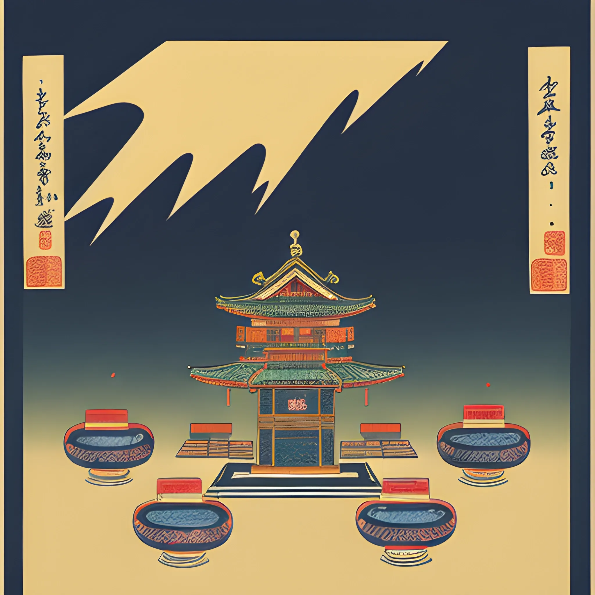 I would like you to depict the scene of thunder roaring on the right side of the empty offering stand and altar, without portraying the figures. Placement: The offering stand and bowl are on the left. Lightning bolt on the right. Art: Colorful, incorporating elements of Rimpa, Yokoyama Taikan, Murakami Takashi, and Kano Tadanobu to create a unique and sophisticated artwork. Einoh Kano, Art: Epic, Volume Writing, Art: Einoh Kano, Illustration, Illustration , 
