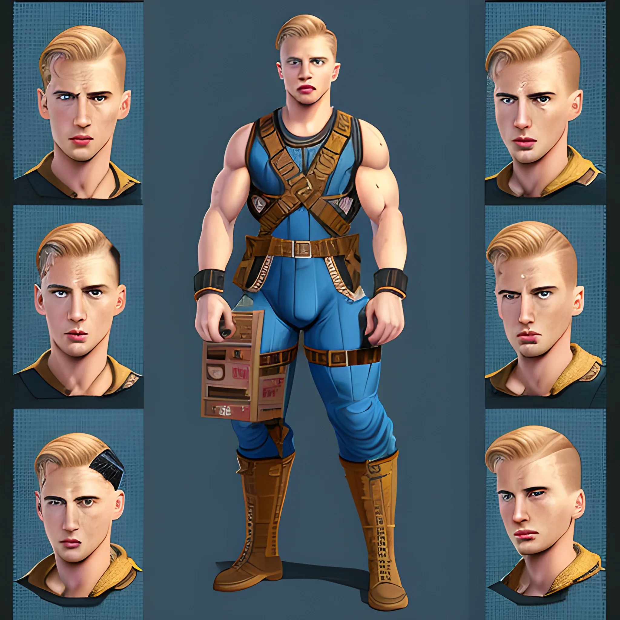 In the style of fallout 1, (masterpiece), (portrait photography), pixel art, (portrait of 20 years old Caucasian male), no makeup, muscles, harness outfit made out of straps, average face, an average looking Caucasian man, blonde hair, (blue eyes), (full body), Centered image, character sheet, concept art full body image